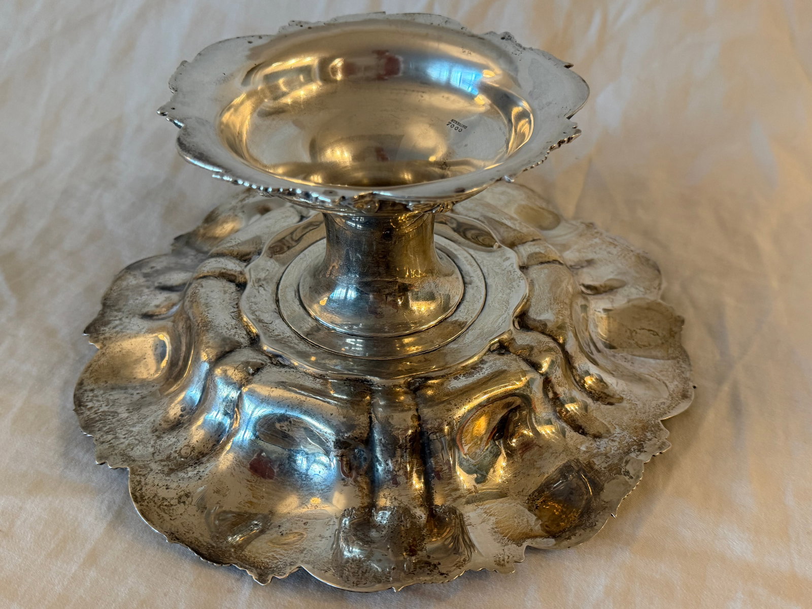 Antique Footed Sterling Silver Plate With Floral Design 570g - 6