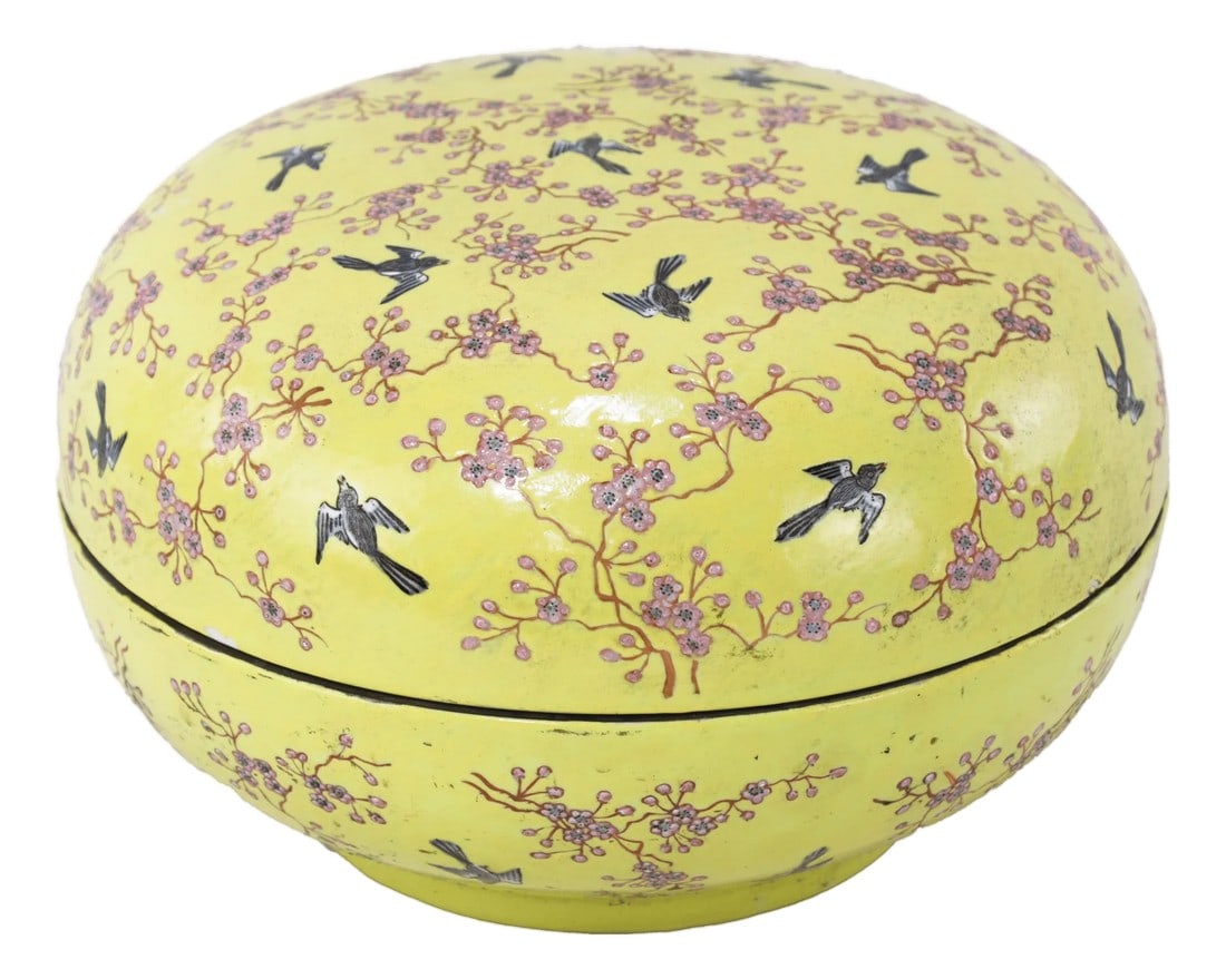 Vintage Chinese Yellow-Ground Famille Rose 'Prunus and Magpie' Porcelain Covered Box (1 of 13)