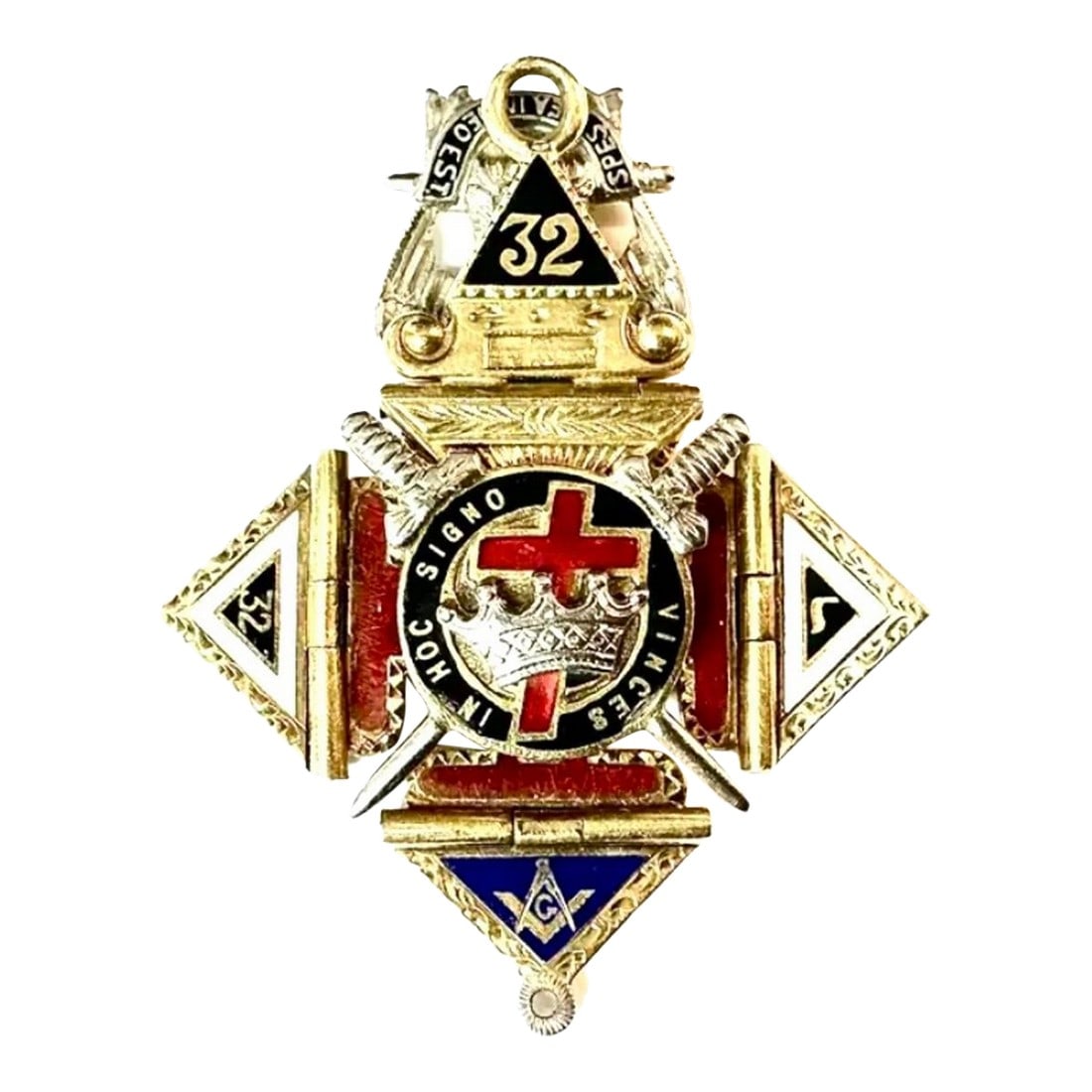 Vintage Masonic Knights Templar Fob Pendant: Vintage 14K gold and enamel Masonic Knights Templar Fob Pendant, 14.94 Grams TW. Pendant features a crown and cross motif within the Knights Templar degree of Freemasonry. The Latin phrase "In Hoc