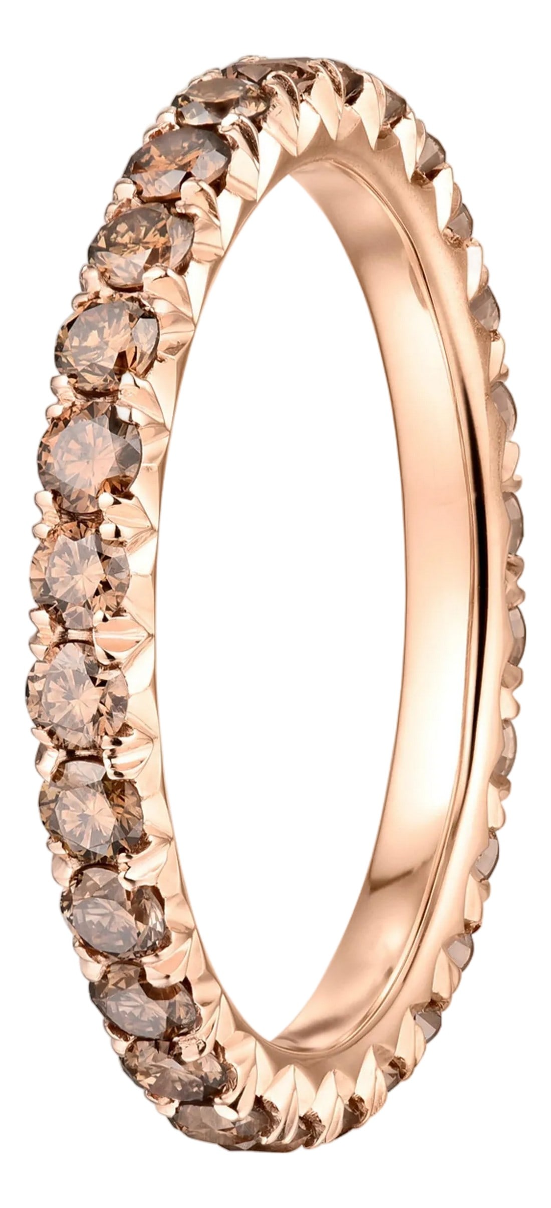 1.10 Carat Micro-Pave Fall Colors Diamond Eternity Wedding Band In Rose Gold: Diamond eternity wedding band set in 14K Rose gold. Pave set Brilliant Round Diamonds are Natural Pinkish-Brown/Orangish-Brown VS1-SI1. Carat weight: 1.10 ct. Total ring weight: 2.30 grams. Ring