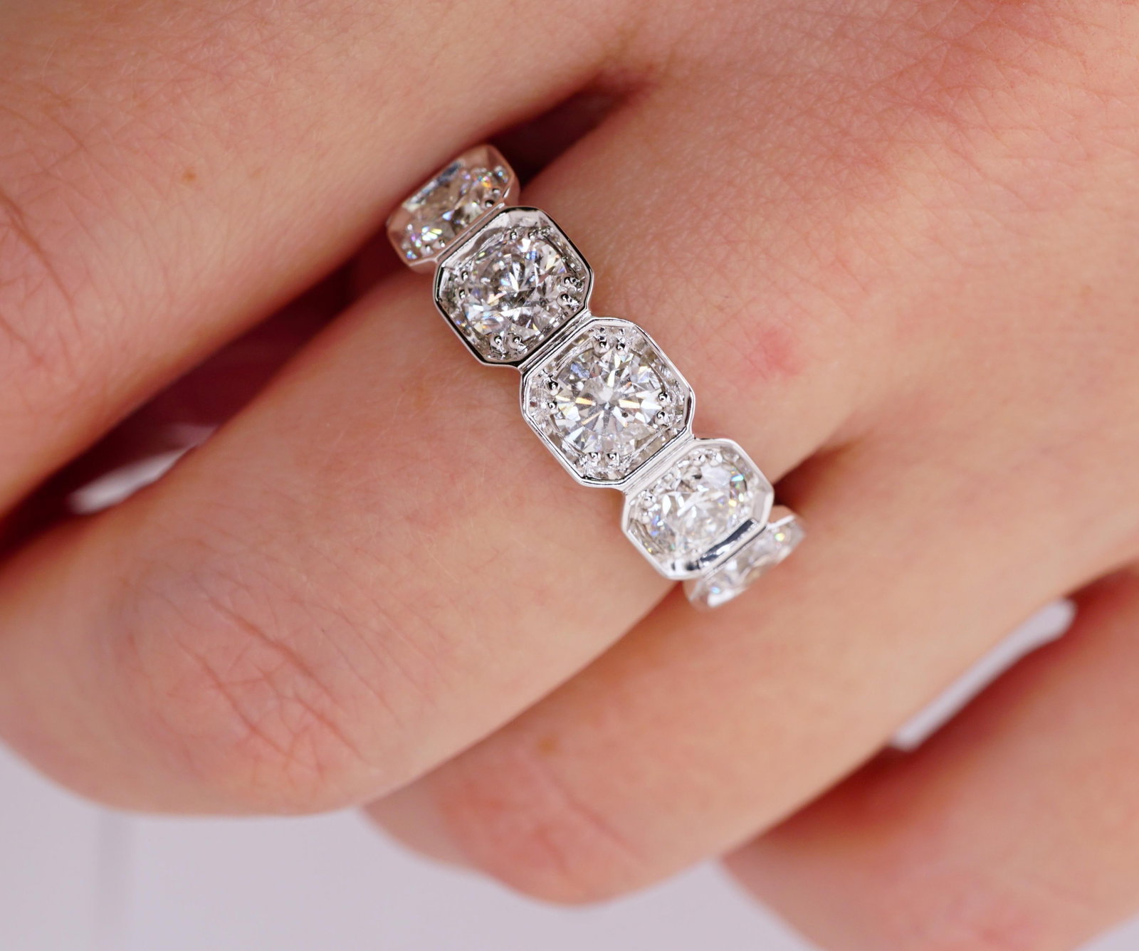 4.90 Carat Round Diamond Bezel Set Octagonal Eternity Wedding Band in 14K White - 2