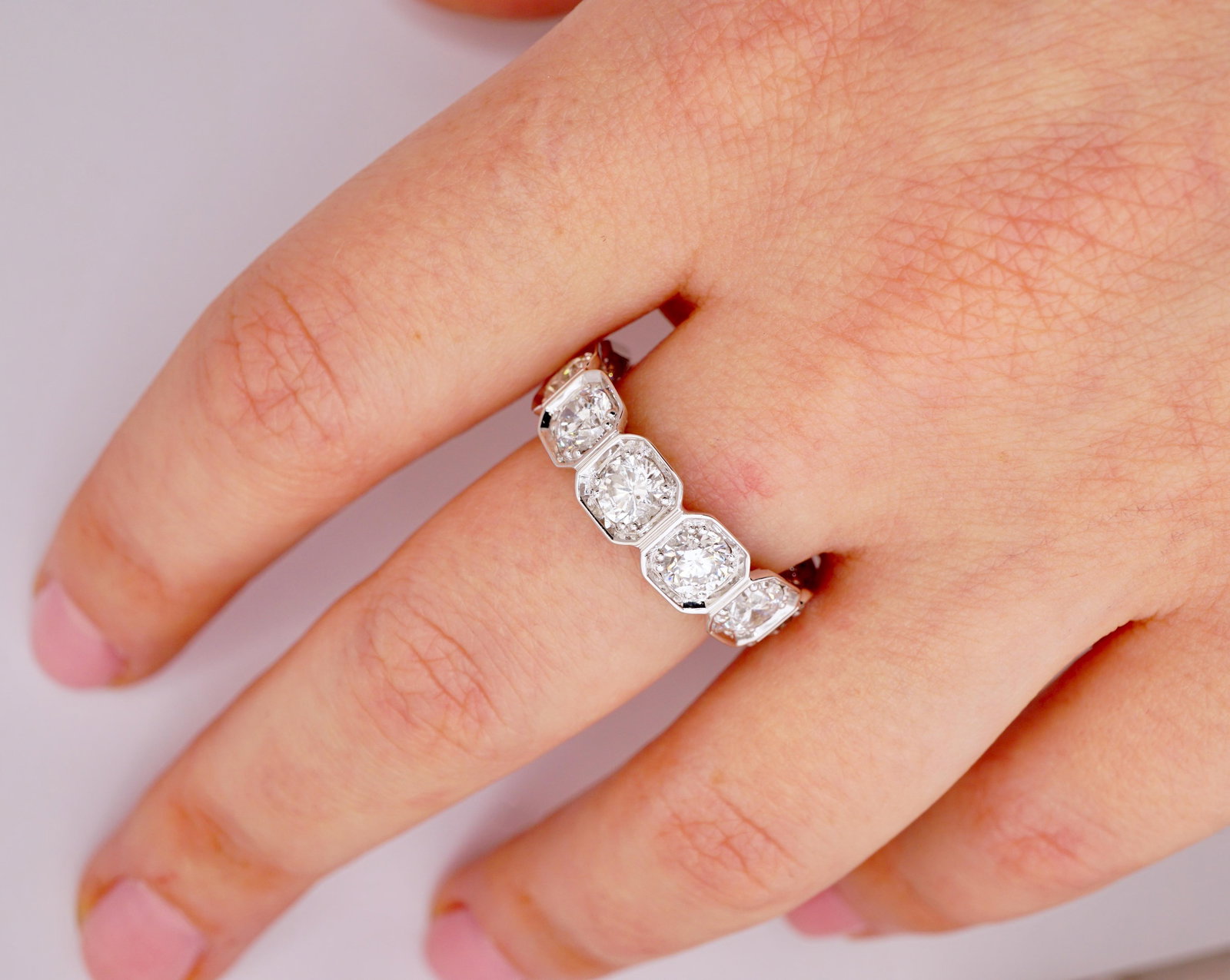 4.90 Carat Round Diamond Bezel Set Octagonal Eternity Wedding Band in 14K White - 4