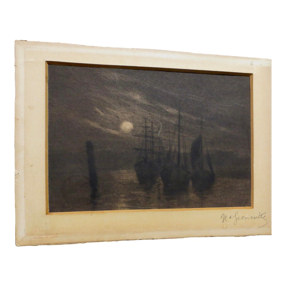 Pencil Drawing of Ships by Night Signed Nafienntle: A fine and well-done night scene of three ships in the harbour. The moon passes in the clouds and the rigging of the ships, show in the shadows. Beautifully done and signed to the lower right on the