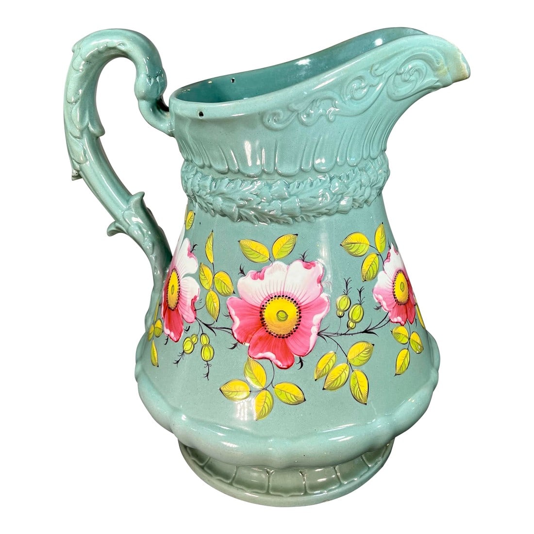 Antique W Ridgway & Co Stoneware Pottery Jug: Large antique jug in a lovely blue gray color with a pink floral design and decorative handle. *Former property of the Brooklyn Museum. Condition: Alterations: Original Condition Unaltered Imperfectio