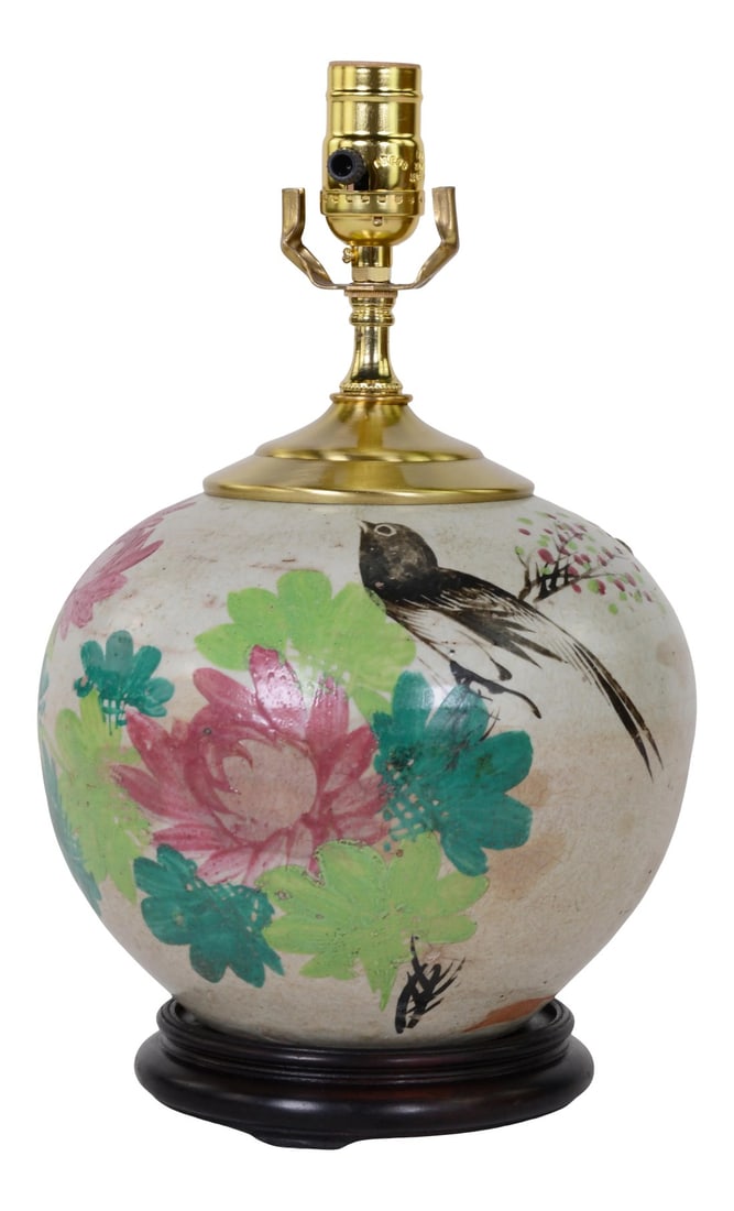 Chinese Antique Famill Rose Porcelain Vase Table Lamp: Chinese antique Famill Rose porcelain vase table lamp. SIZE: 8.5" * 13.5" with bird and floral, leave Condition: Alterations: Original Condition Unaltered Imperfections: Some Imperfections Condition