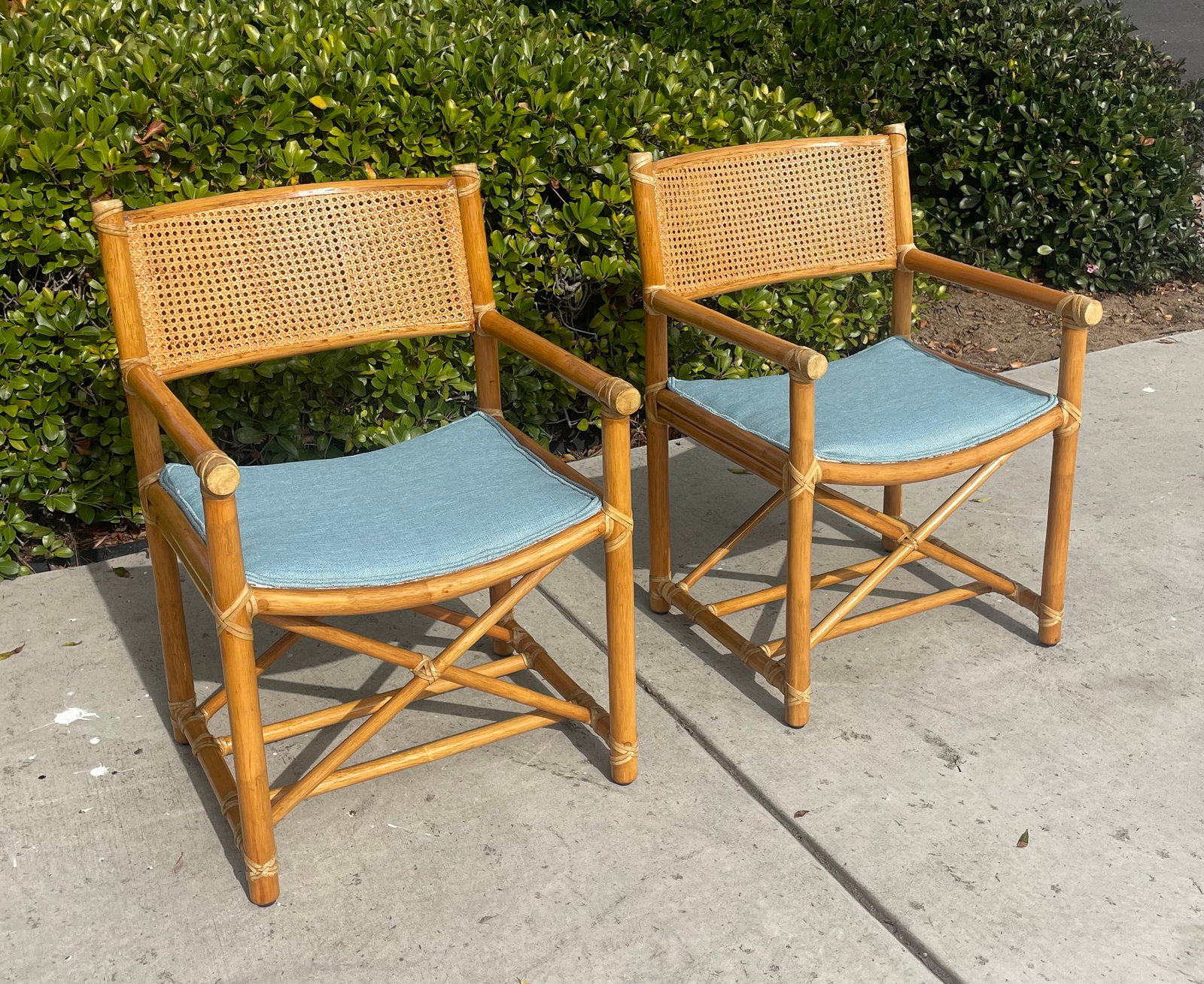 Pair of Vintage Rattan McGuire Directors Style Armchairs, Newly Upholstered Sunbrella Seats - 2