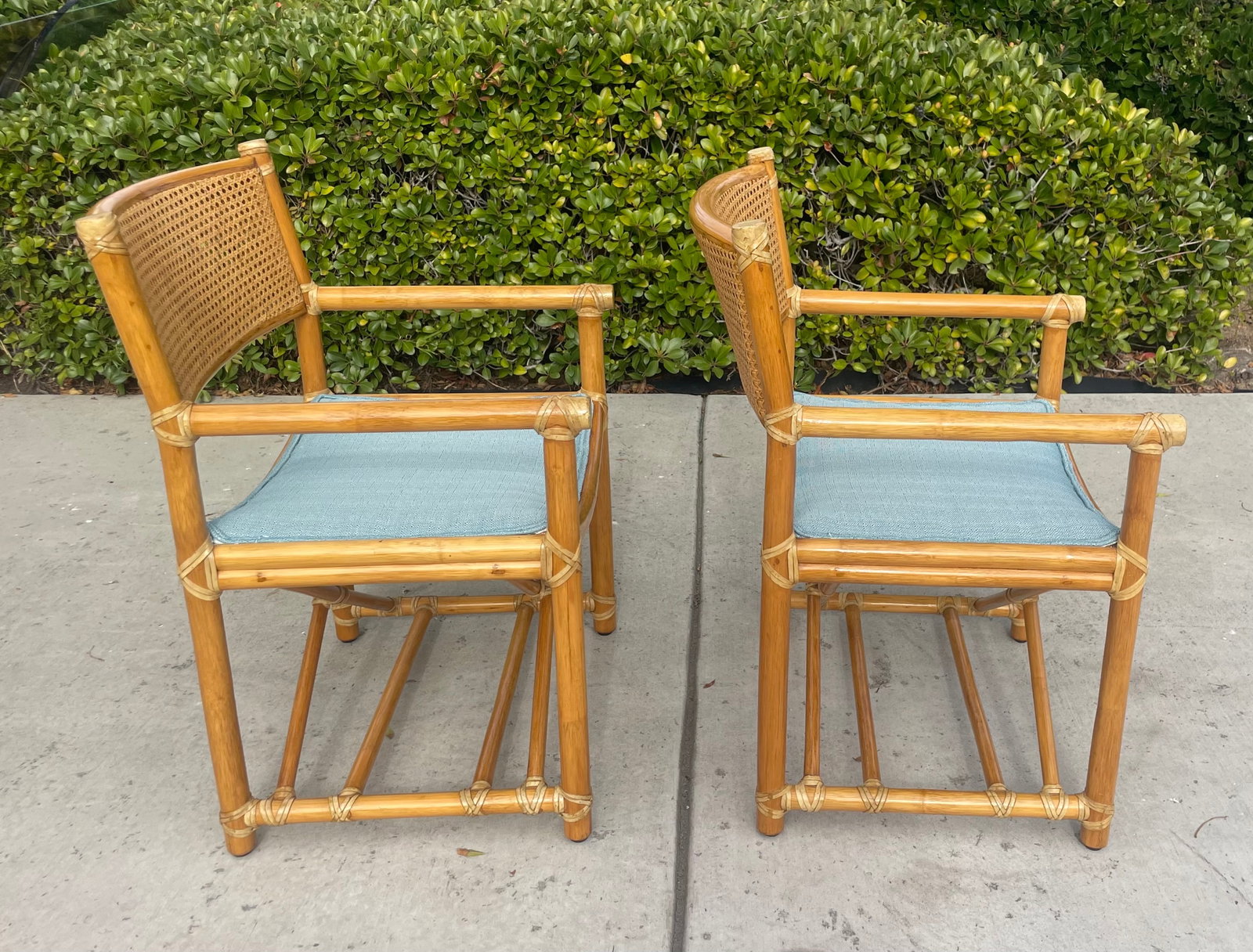 Pair of Vintage Rattan McGuire Directors Style Armchairs, Newly Upholstered Sunbrella Seats - 3