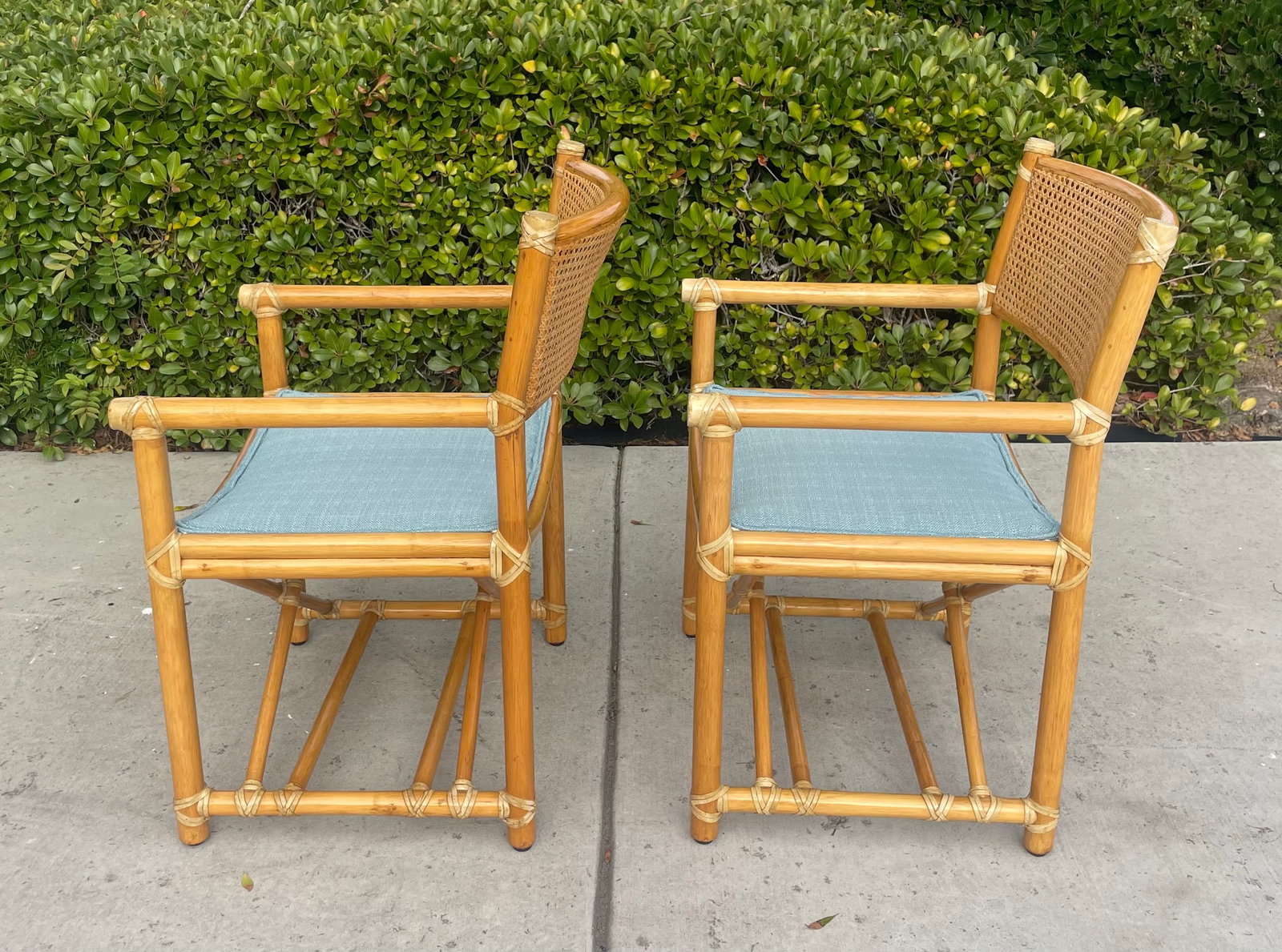 Pair of Vintage Rattan McGuire Directors Style Armchairs, Newly Upholstered Sunbrella Seats - 5