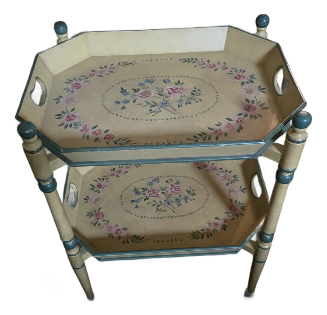 Two Tiered Tray Table With Hand Painted Finish: Great looking versatile two tiered tray table. Each tray can be used with or without the folding stand. This has a classic pretty painted finish.. Condition: Alterations: Original Condition Unaltered 