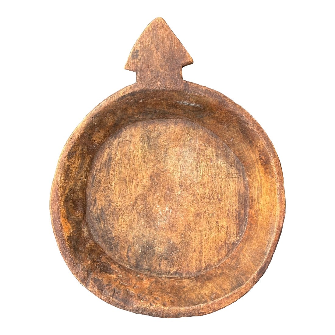 Large 19th C. Hand Carved Parat Indian Single Piece Wooden Dough Bowl: A substantial hand carved wooden bowl with integral arrow-shaped handle, hewn from a single piece of wood. Likely 19th C. India, Asia or possibly North Africa, with wonderful grains, tones, and weight