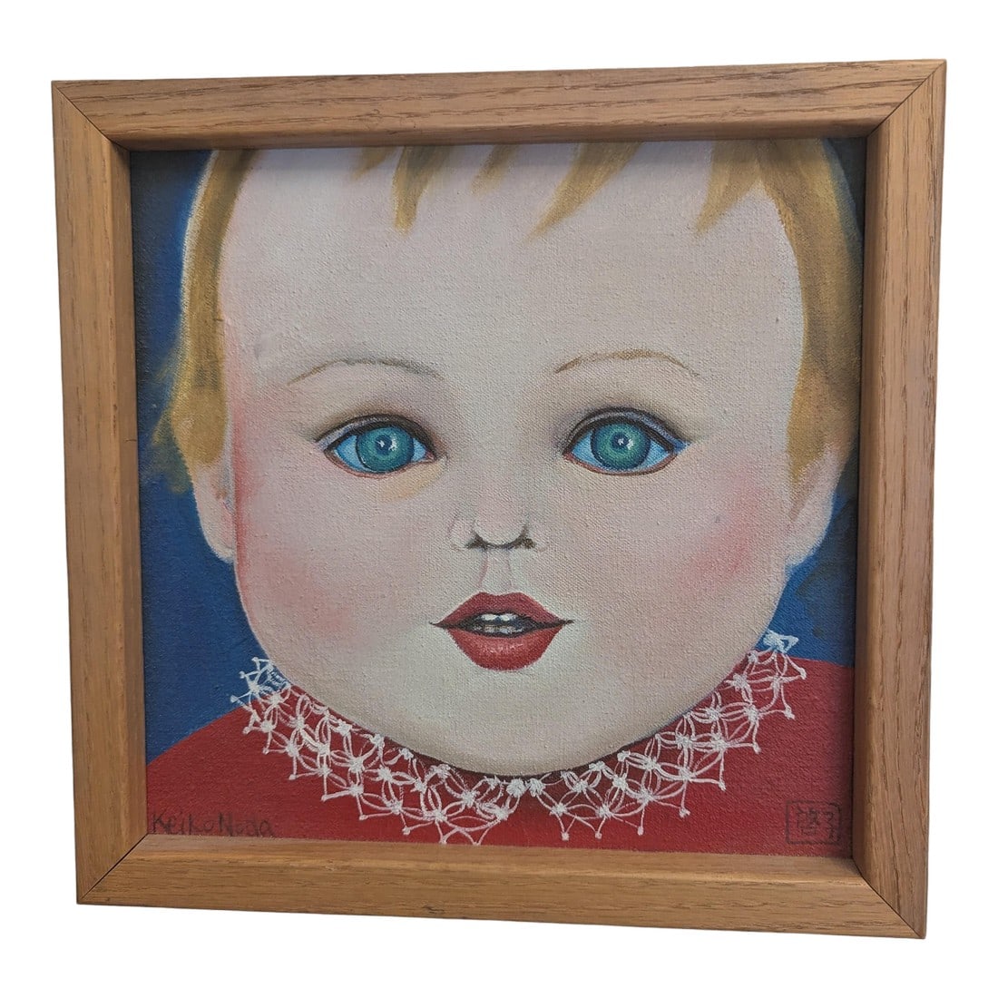 Late 20th Century Original Oil Painting Portrait of a Child by Artist Keiko Noda: This portrait of a young child invites the viewer to look deep into their eyes, evoking themes of innocence and the child's engagement with the world. Not depicting a specifically male or female