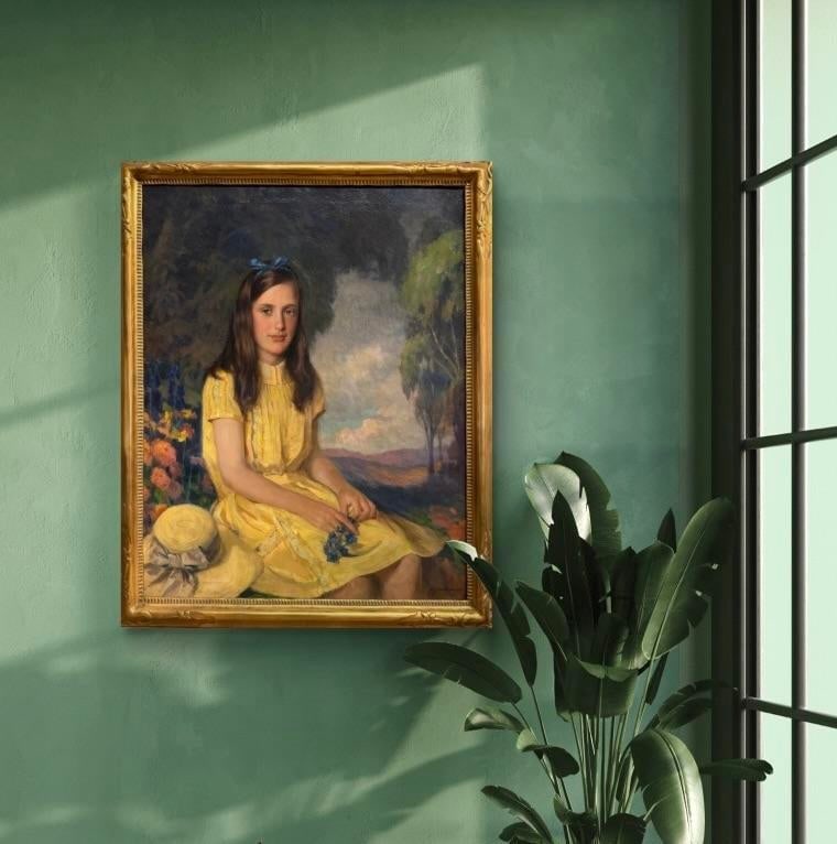 Antique Oil Painting " Girl in Yellow Dress" Portrait by WMJ Edmondson 1930 Large Painting Gold Fram - 2