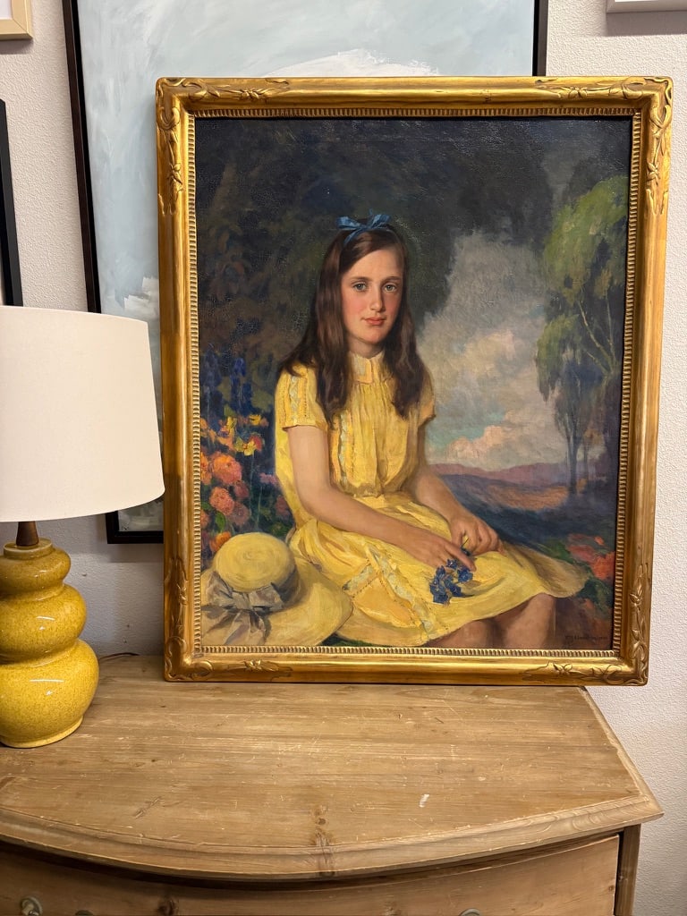 Antique Oil Painting " Girl in Yellow Dress" Portrait by WMJ Edmondson 1930 Large Painting Gold Fram - 3