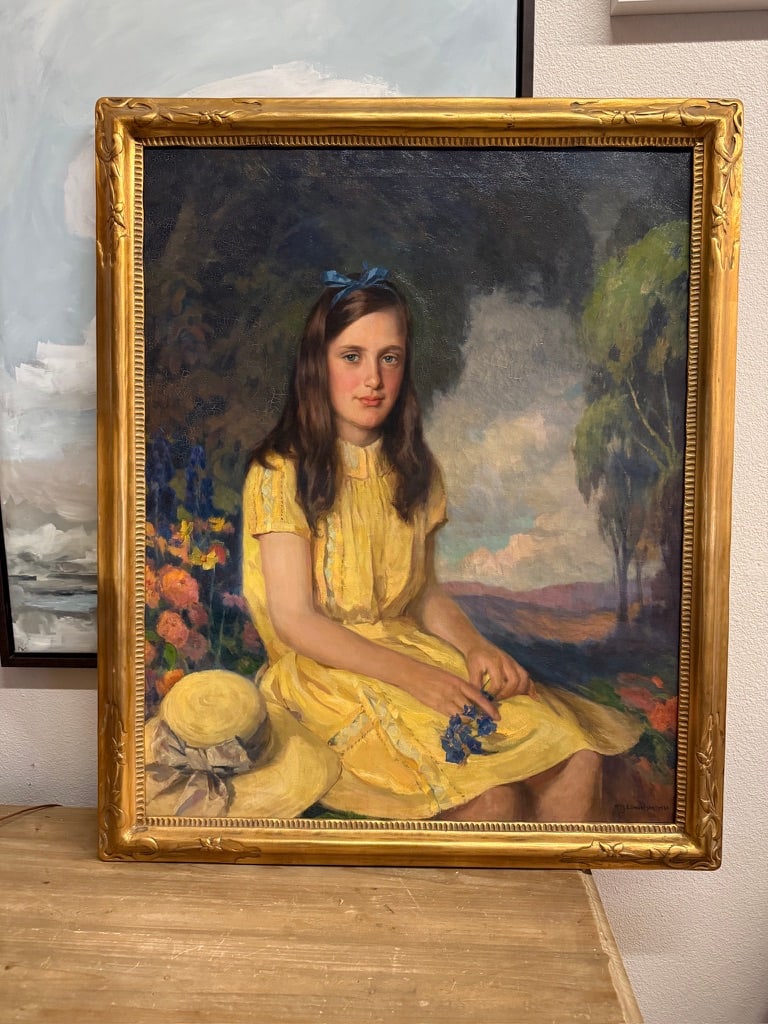 Antique Oil Painting " Girl in Yellow Dress" Portrait by WMJ Edmondson 1930 Large Painting Gold Fram - 8