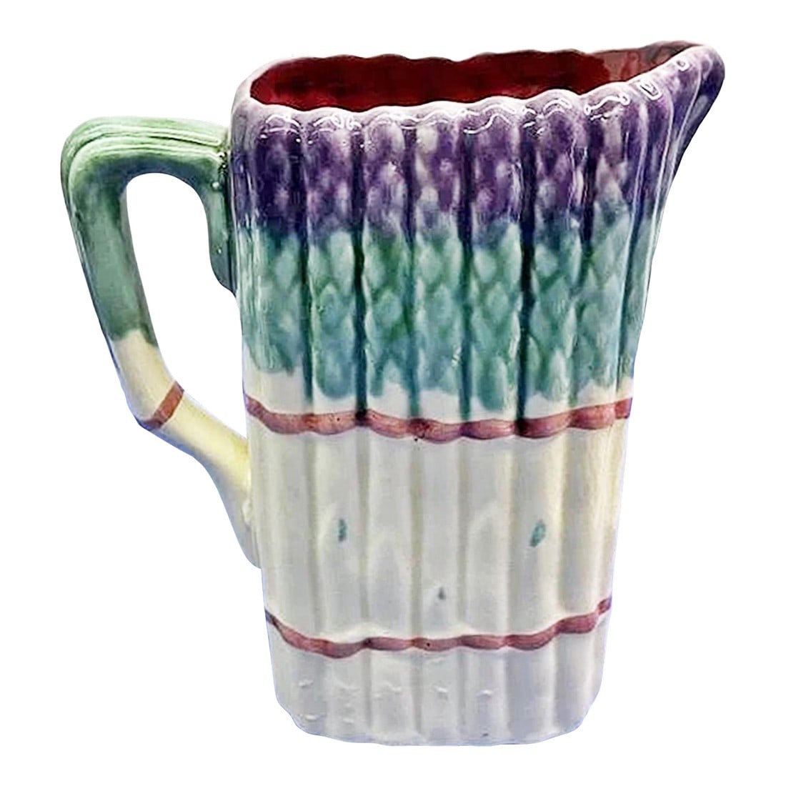 1990s French Majolica Asparagus Pitcher With Spears: Here's a fun French majolica ceramic water pitcher in asparagus motif with it's own selection of 'asperges' spears, leek and beas pod. Use or display in your majolica collection. Funny if the spears