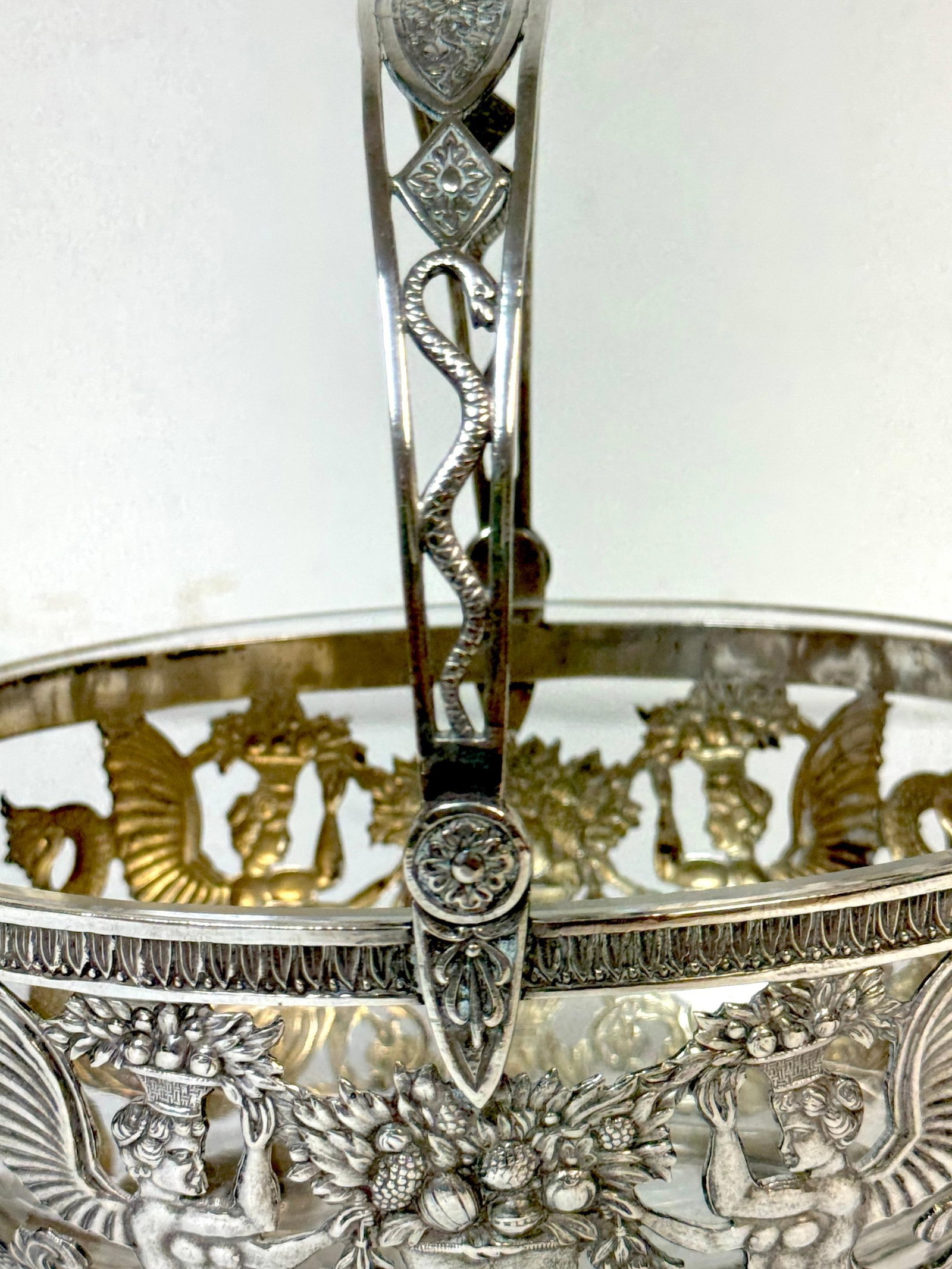 Empire Style Silver & Crystal Swing-Handle Basket /Sphinx Decoration, C. 1820 - 12