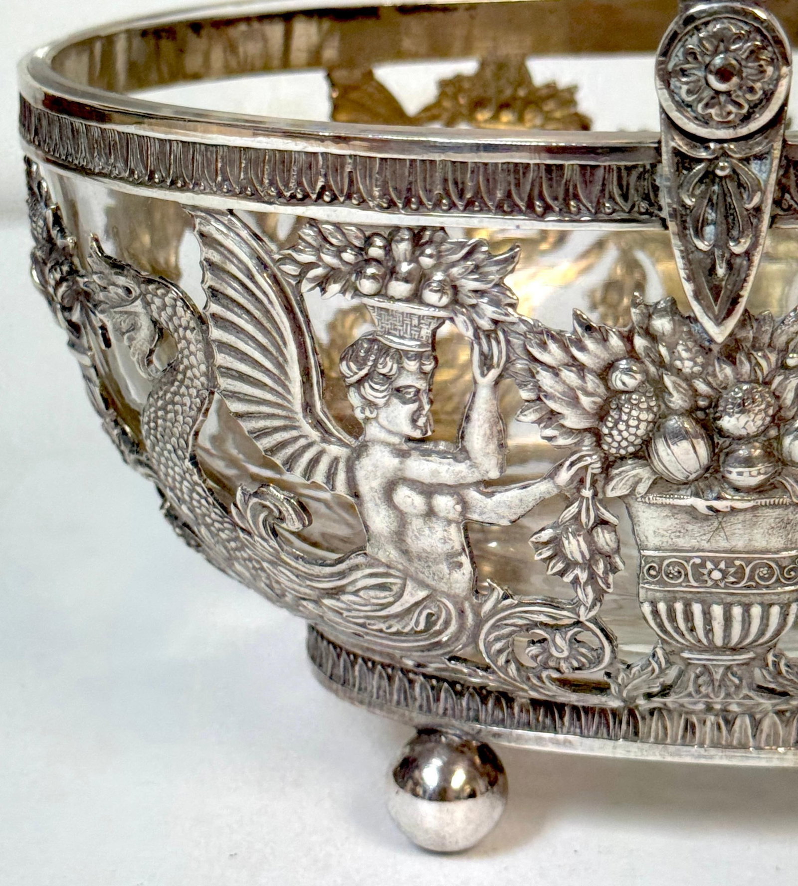 Empire Style Silver & Crystal Swing-Handle Basket /Sphinx Decoration, C. 1820 - 13