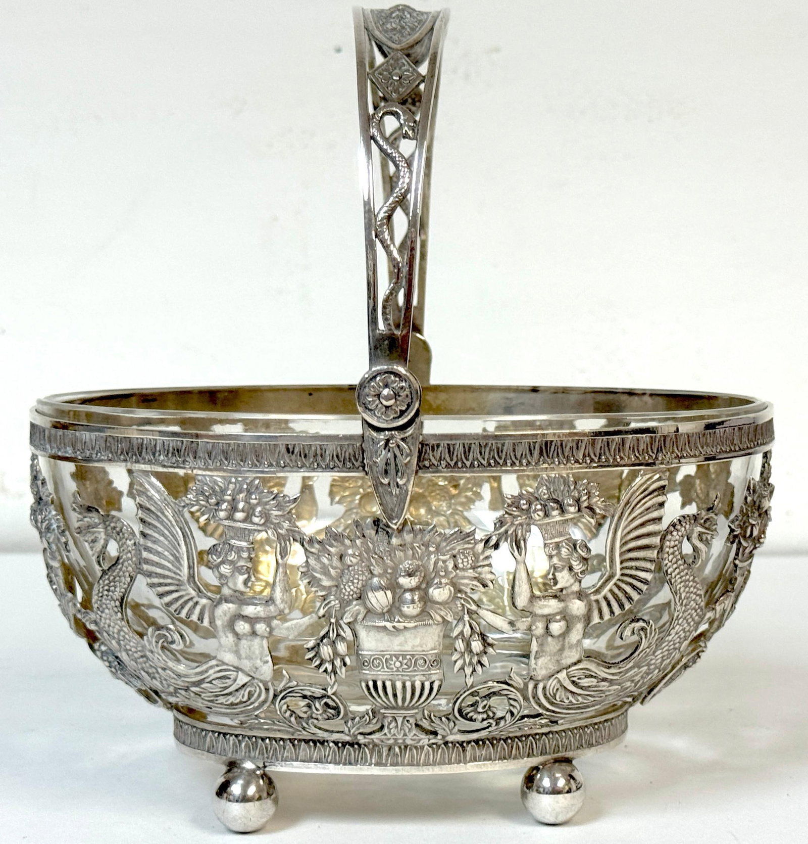 Empire Style Silver & Crystal Swing-Handle Basket /Sphinx Decoration, C. 1820 - 17