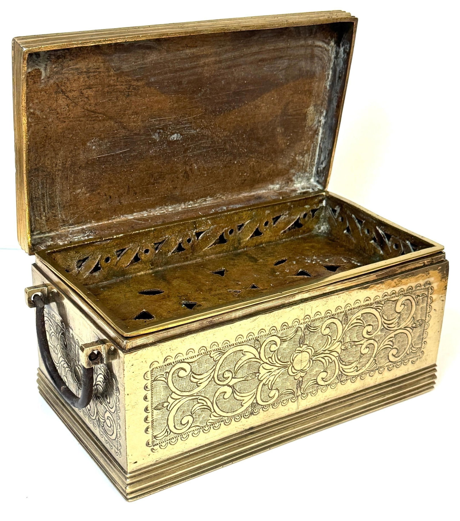Cast Brass Engraved Brazier Box with Pierced Charcoal Tray, North India - 13