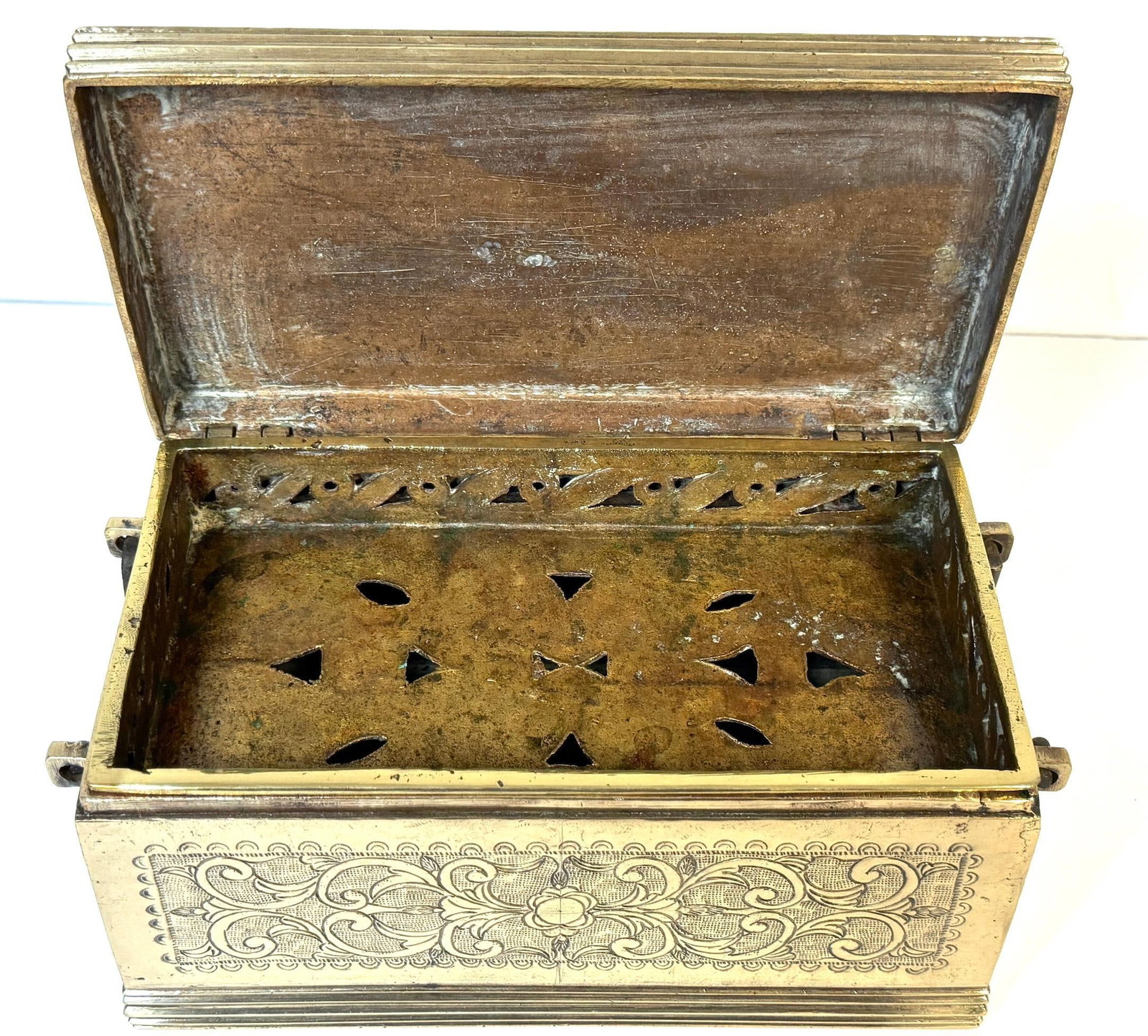 Cast Brass Engraved Brazier Box with Pierced Charcoal Tray, North India - 14