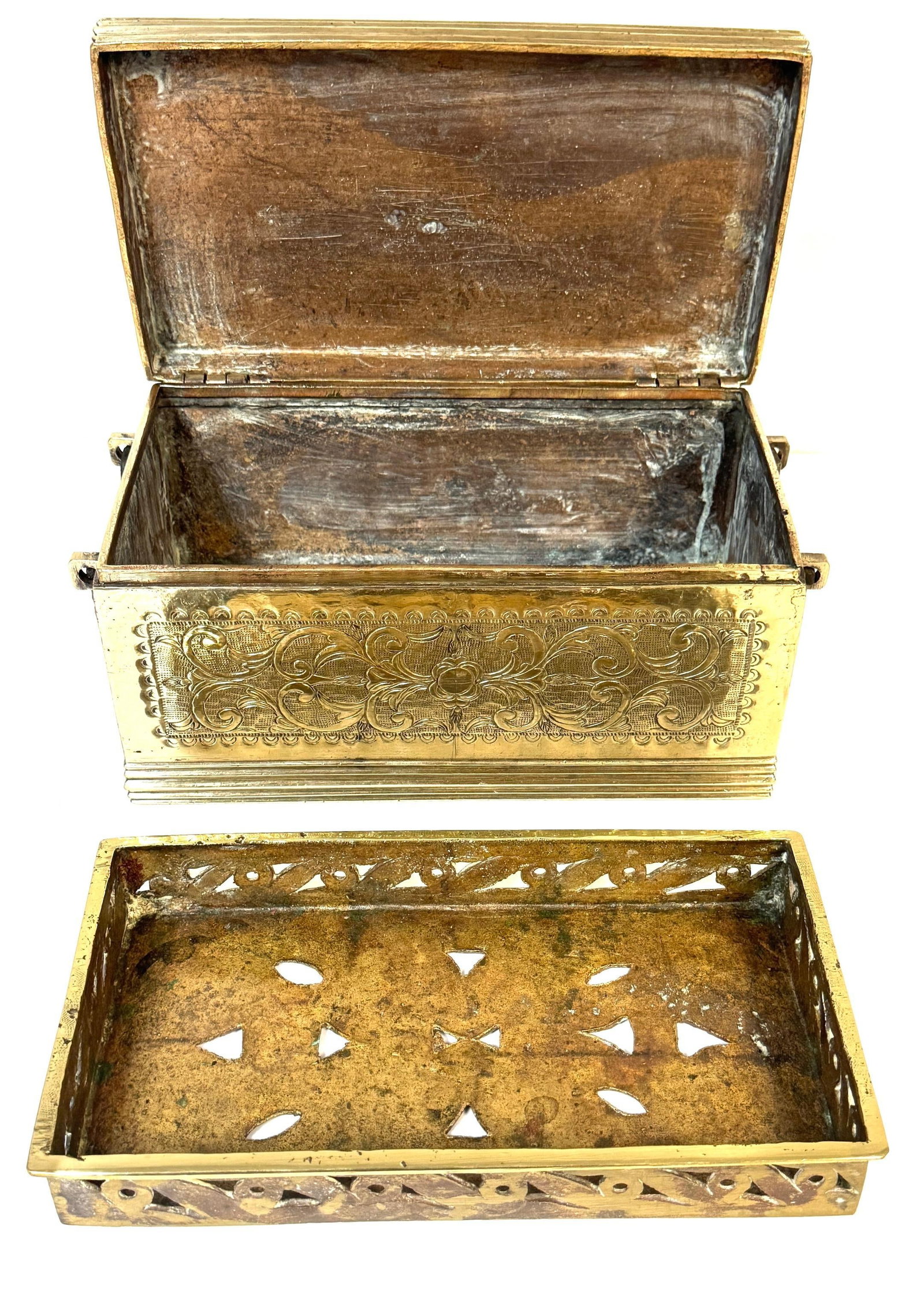 Cast Brass Engraved Brazier Box with Pierced Charcoal Tray, North India - 15