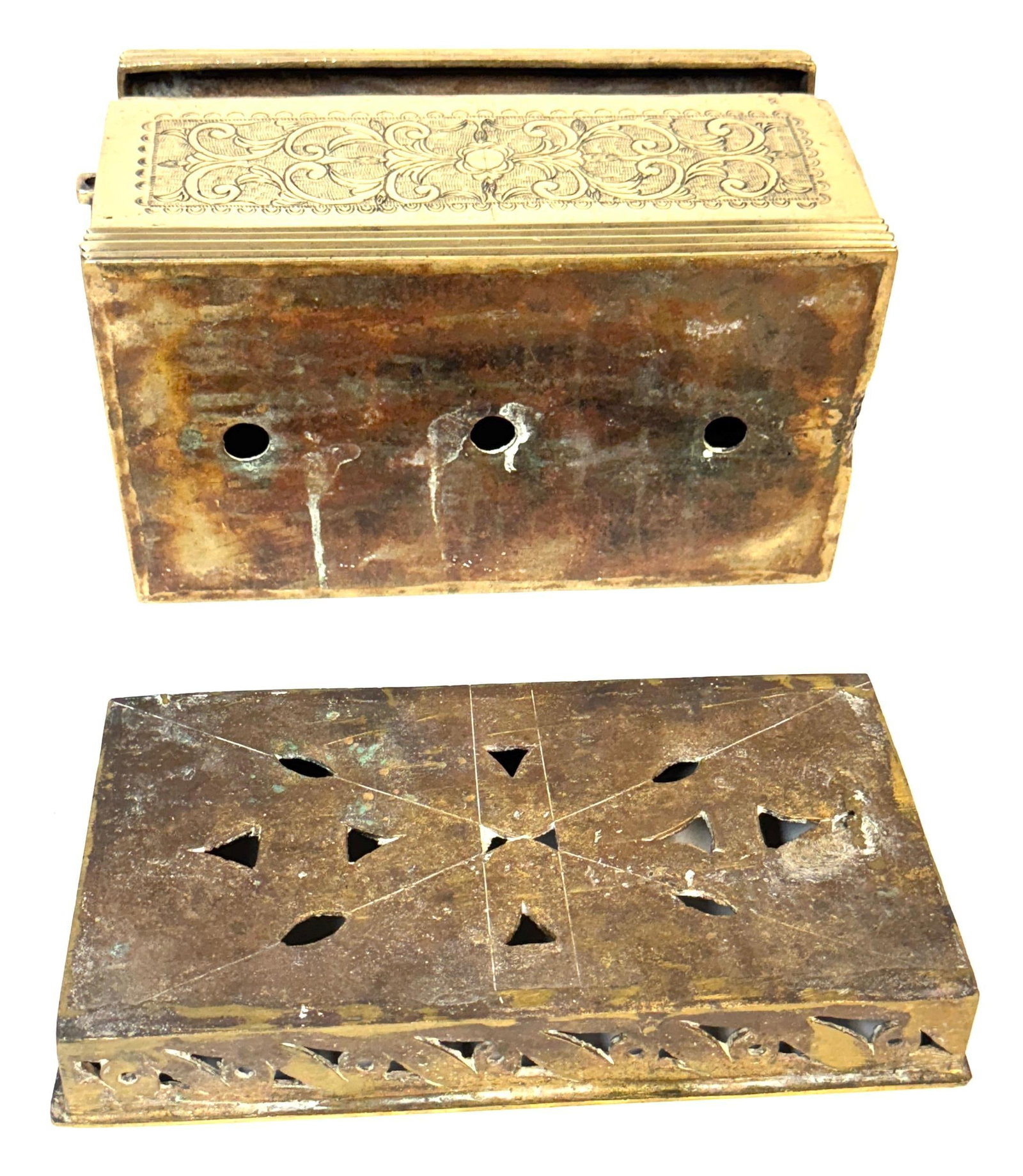 Cast Brass Engraved Brazier Box with Pierced Charcoal Tray, North India - 16