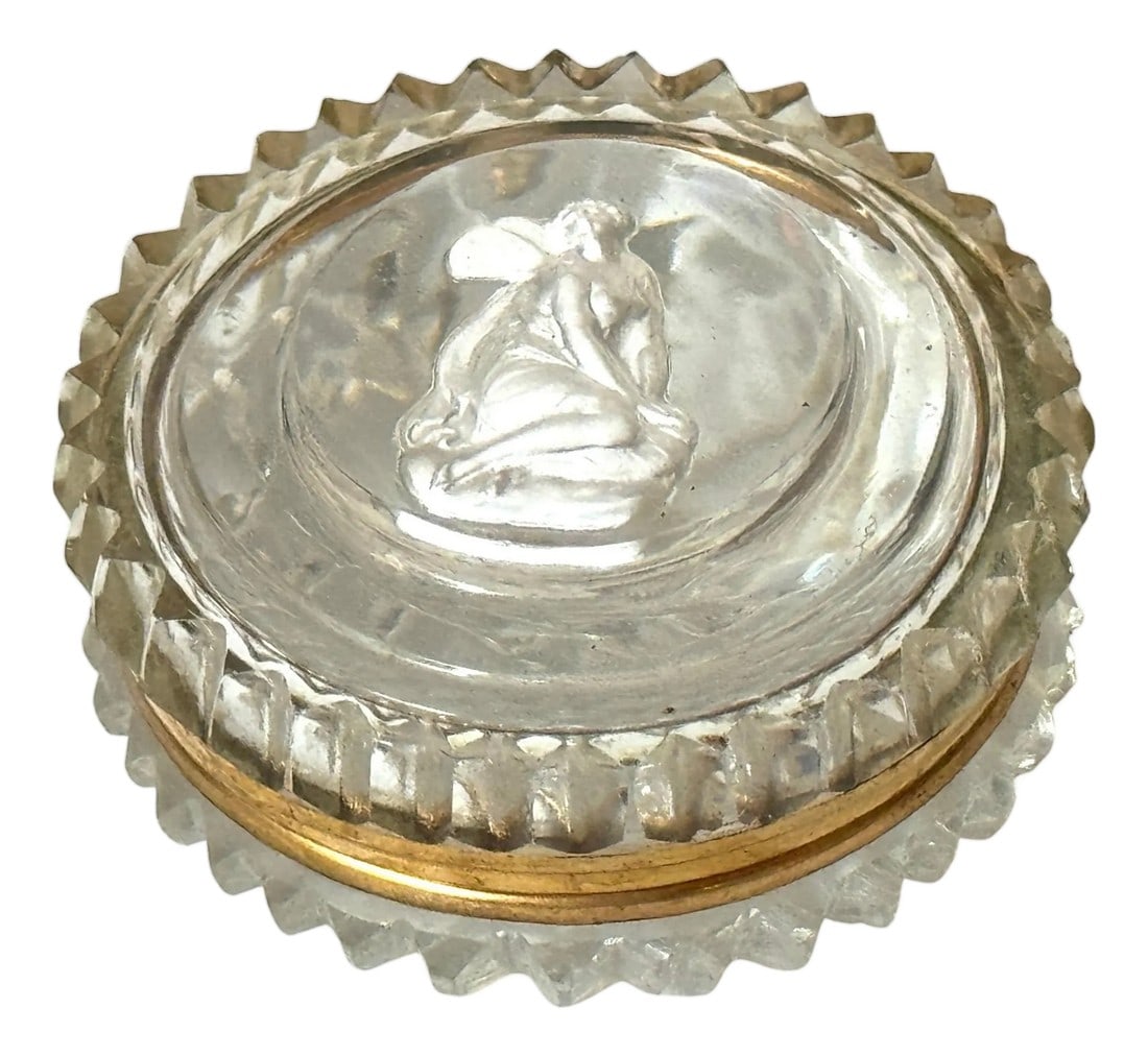 French Baccarat Crystal Patch Box with Sulfide Cameo of Psyche, 1840-1860: French Baccarat Crystal Patch Box with Sulfide Cameo of Psyche France, circa 1840–1860 Dimensions: 1.75" diameter × 0.75" high A rare mid-19th-century French crystal patch or trinket box, a