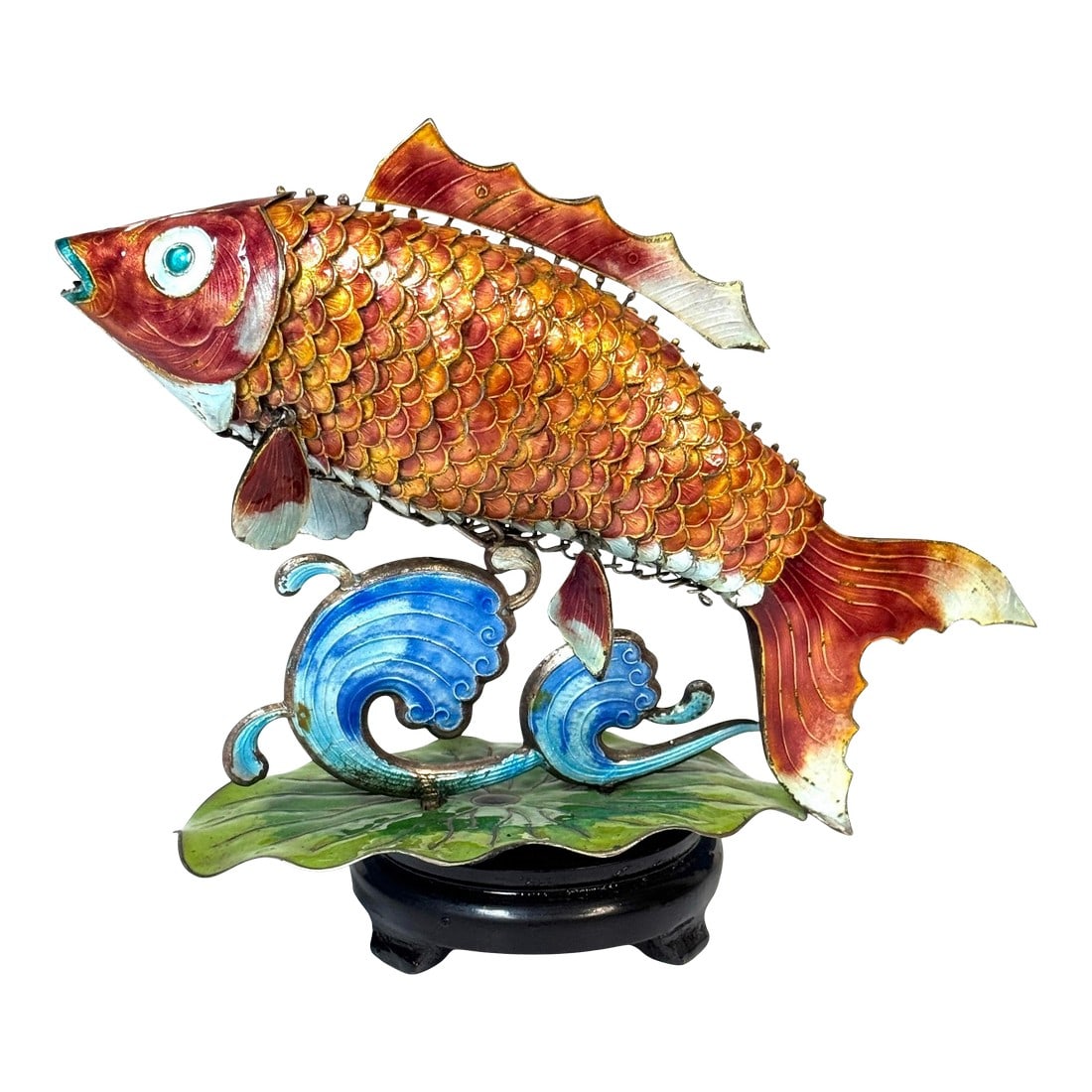 Chinese Export Silver & Enameled Articulated Carp Lotus and Wave Stand, C. 1900: Chinese Export Silver and Enameled Articulated Carp on Lotus and Wave Stand, Circa 1900 Consisting of four pieces 1. The Carp (Yu é±¼) Form & Technique: The carp is constructed of