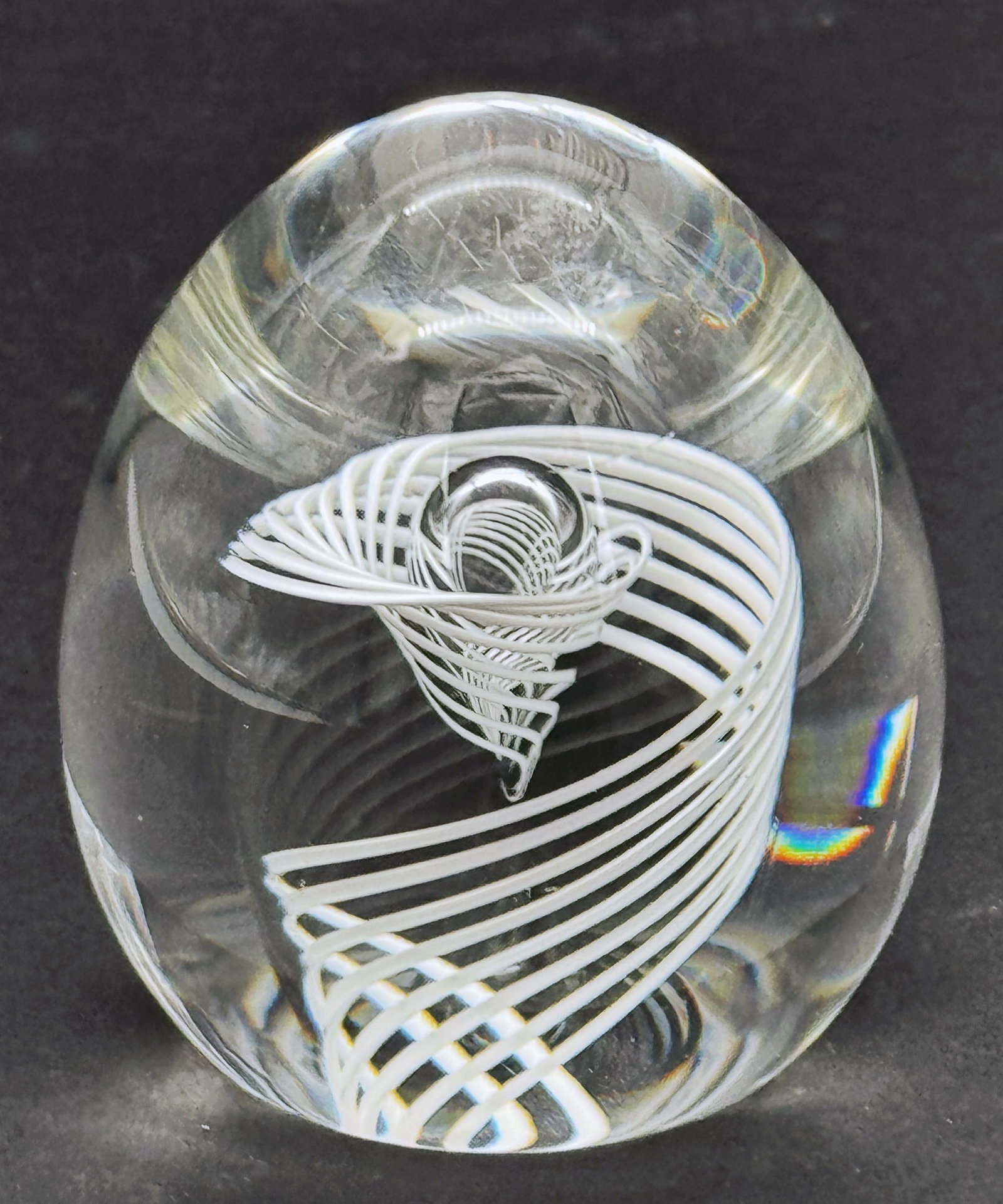 Signed Steuben White Swirl & Bubble Glass Egg Paperweight by George Thompson - 16