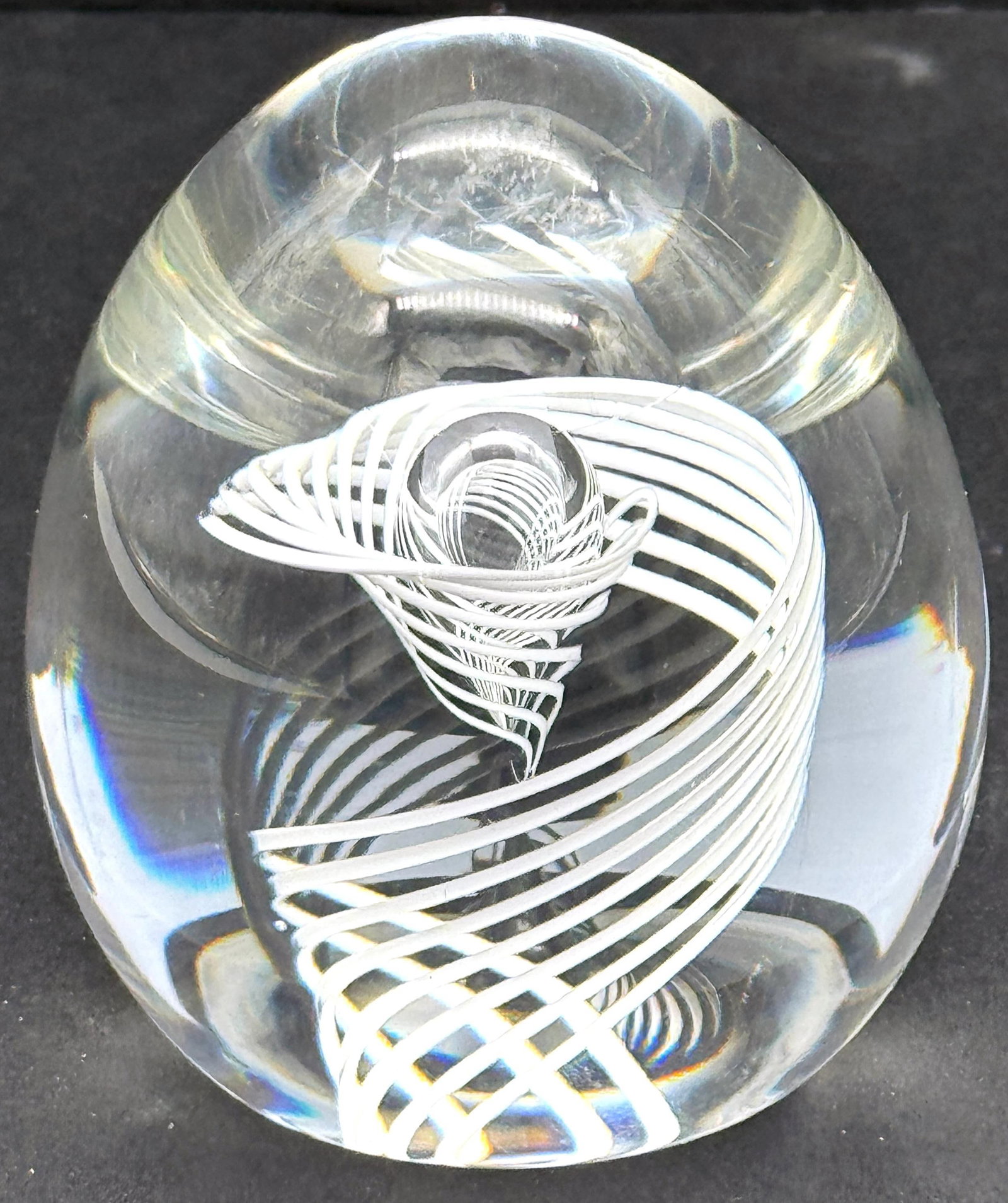 Signed Steuben White Swirl & Bubble Glass Egg Paperweight by George Thompson - 18