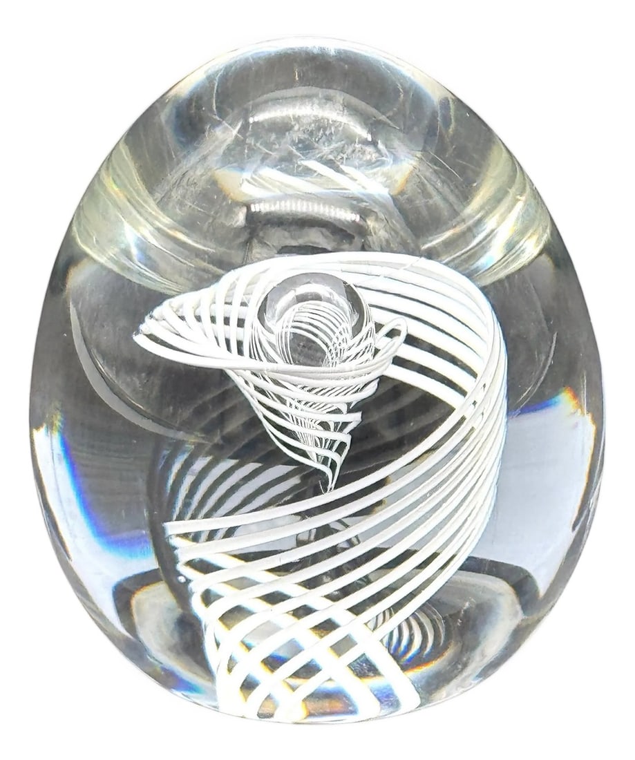 Signed Steuben White Swirl & Bubble Glass Egg Paperweight by George Thompson (1 of 18)