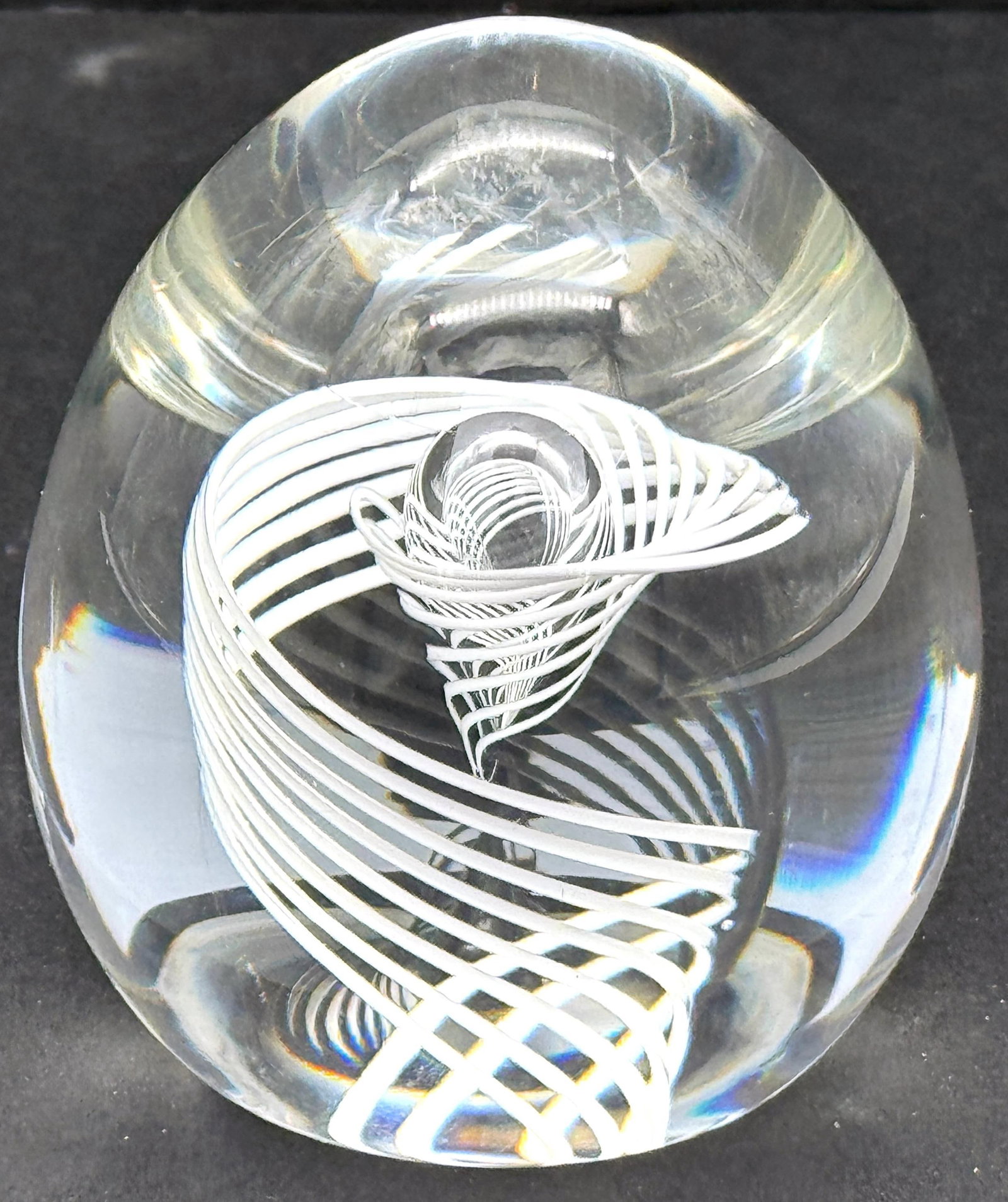 Signed Steuben White Swirl & Bubble Glass Egg Paperweight by George Thompson - 3