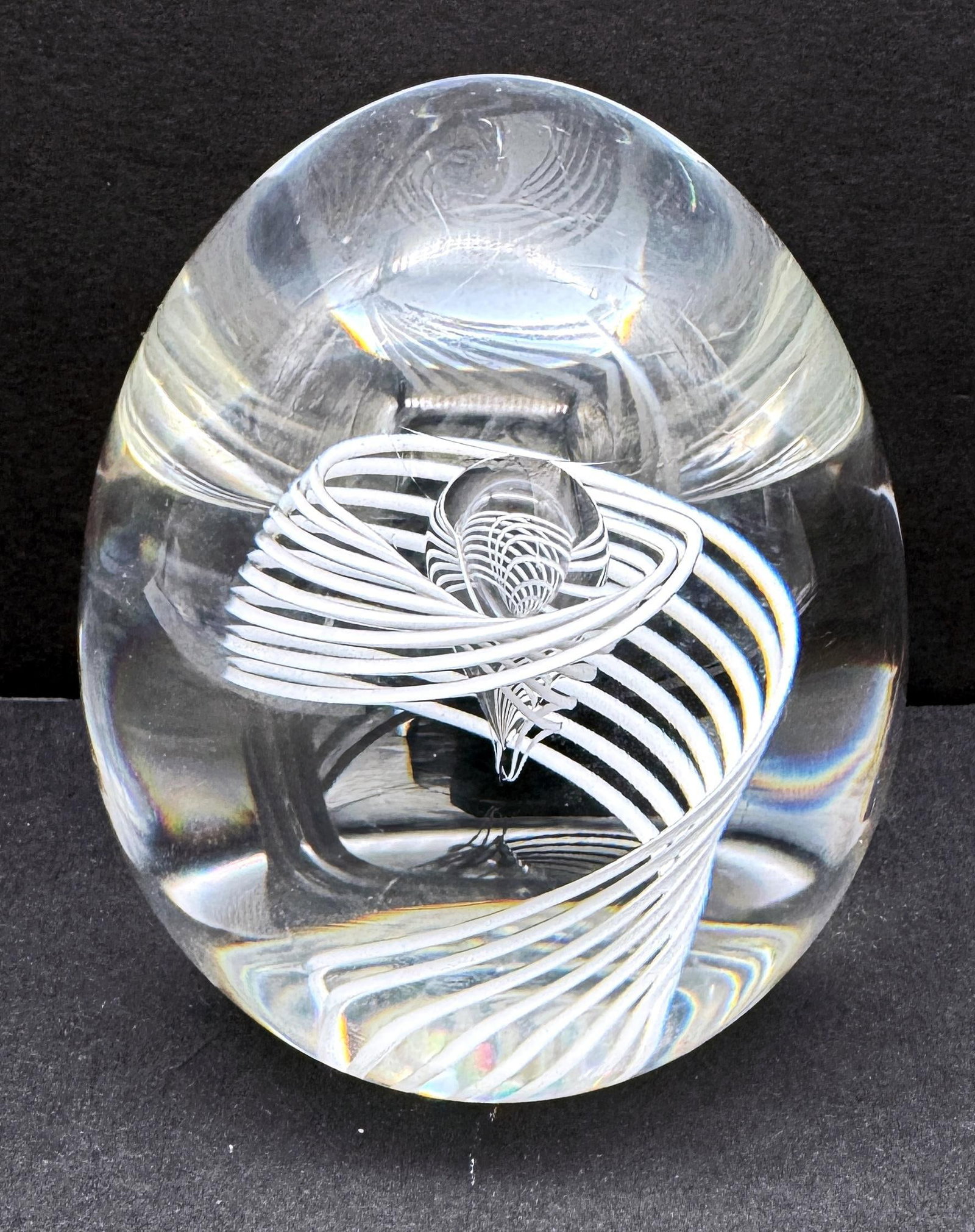 Signed Steuben White Swirl & Bubble Glass Egg Paperweight by George Thompson - 4
