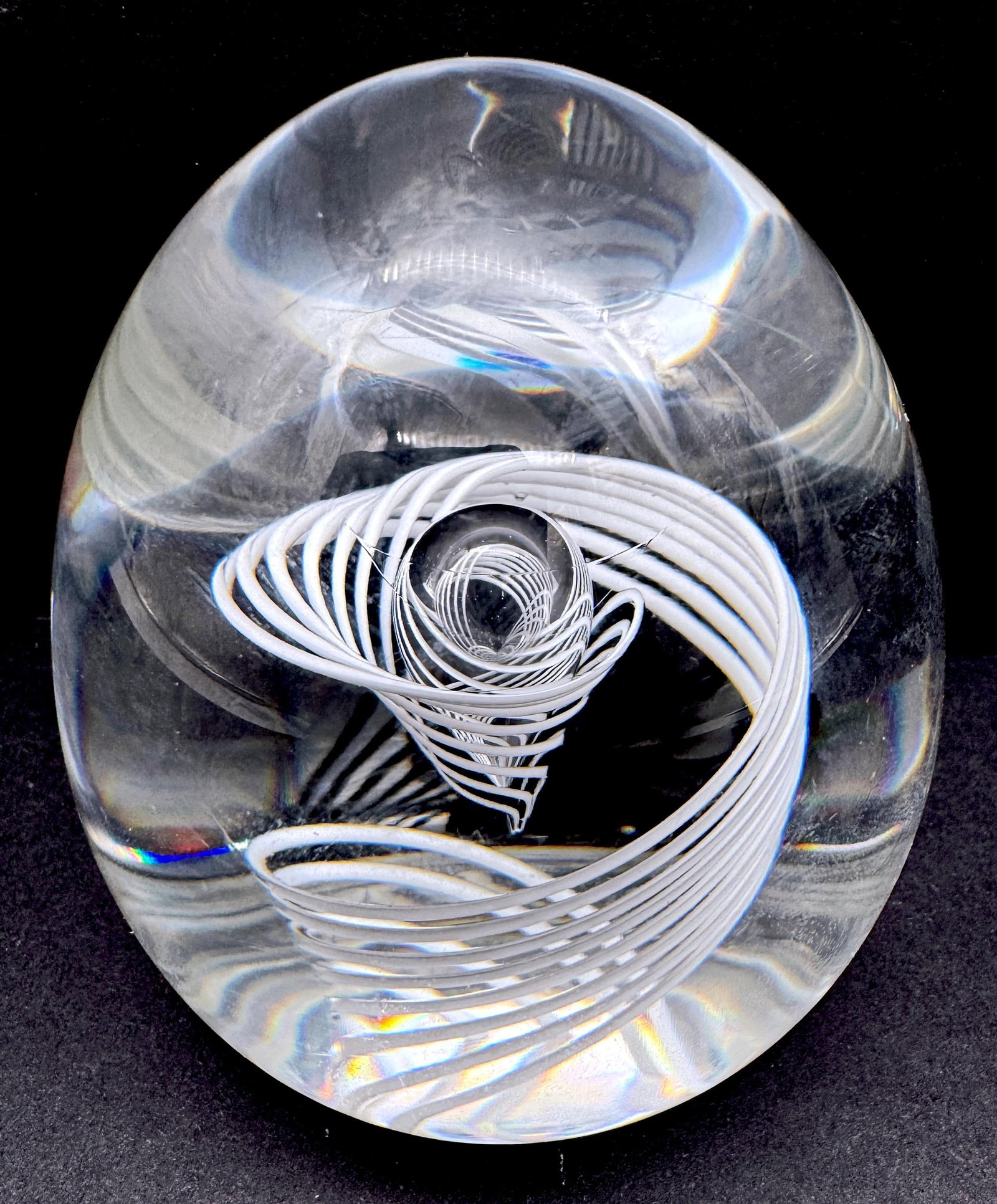 Signed Steuben White Swirl & Bubble Glass Egg Paperweight by George Thompson - 5