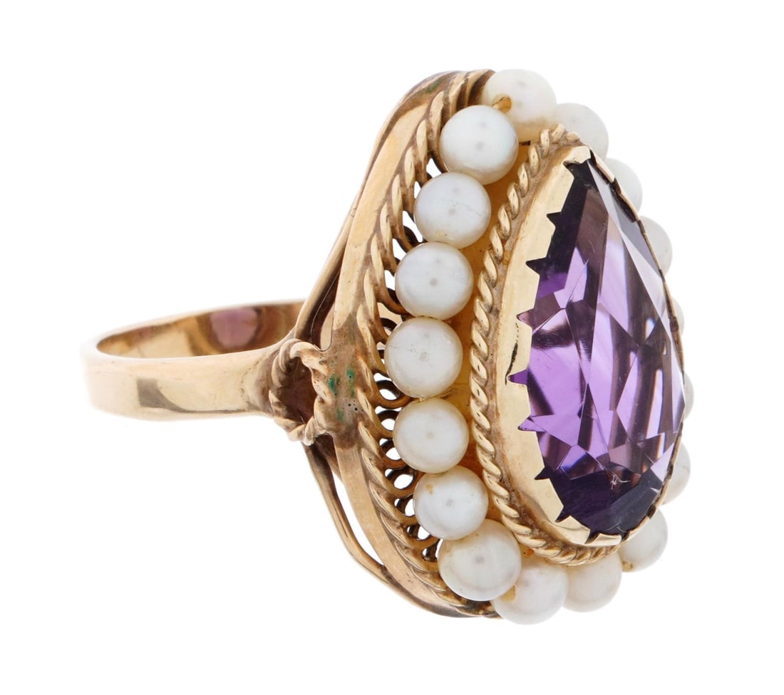 14k Gold Amethyst and Seed Pearl Ring - 2