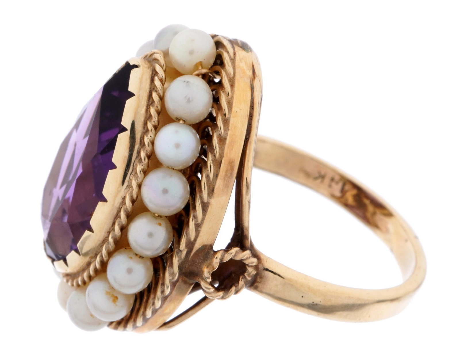14k Gold Amethyst and Seed Pearl Ring - 5