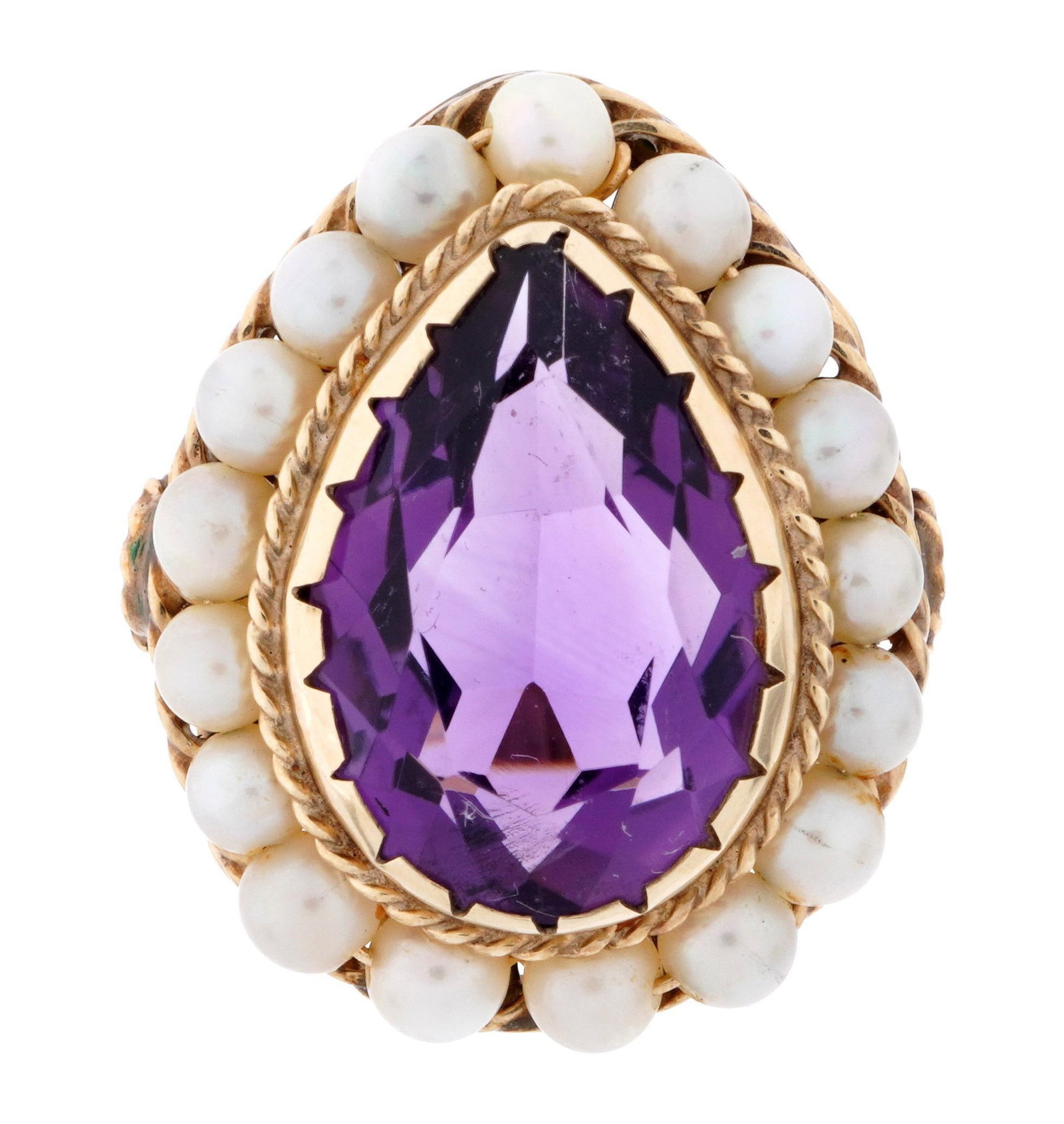 14k Gold Amethyst and Seed Pearl Ring - 7