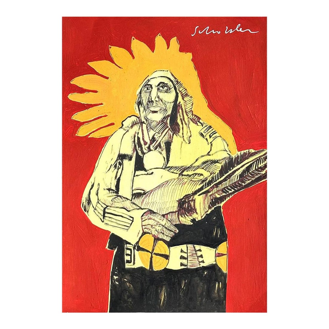 1980s In the Style of Fritz Scholder Drawing on Paper Painting: In the Style of Fritz Scholder Drawing on Paper Painting. Drawing on paper 7Â½ x 11 inches, rendered in the style of Fritz Scholder (06 Oct 1937 - 10 Feb 2005) was a Native American artist, 