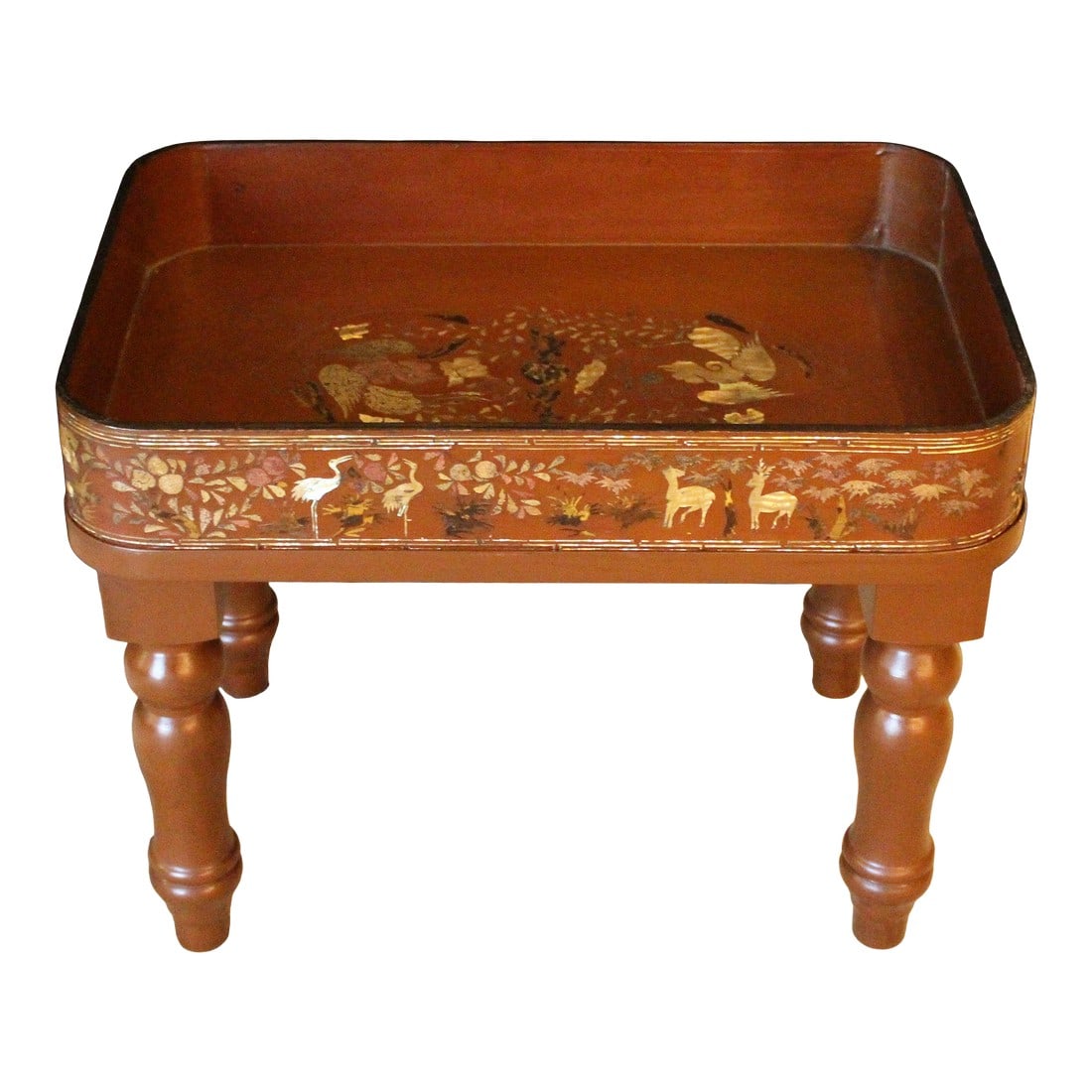 Mid-Late 19th Century Chinese or Korean Burnt Red Lacquer Gallery Tray Now on Custom Stand: Mid-late 19th century Chinese or Korean burnt red lacquer gallery tray now on custom stand. The tray effusively inlaid in mother of pearl, abalone & shagreen, featuring deer, phoenix birds, butterflie