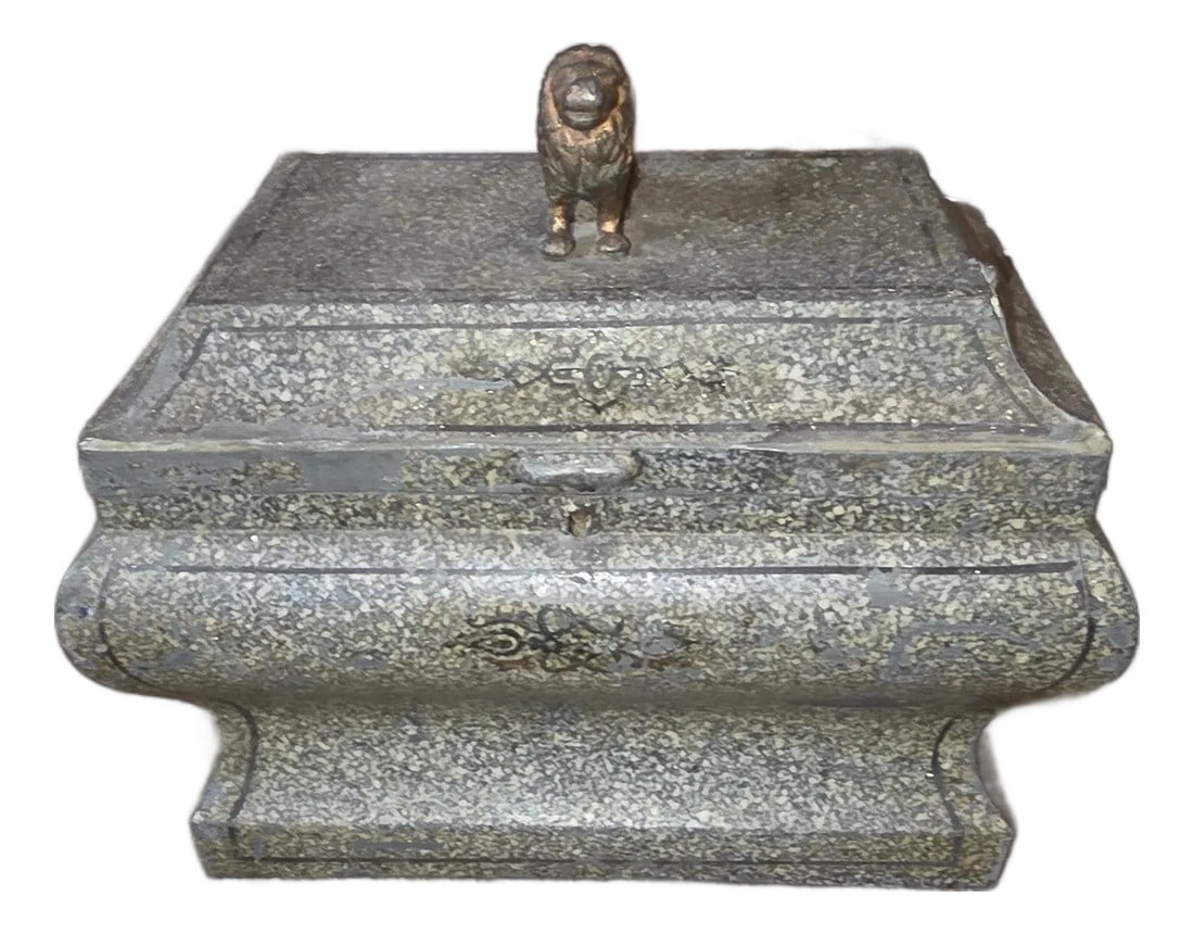 Painted Tole Tea Caddy Box: Antique faux shagreen painted tole box with gilt metal lion finial. Condition: Alterations: Original Condition Unaltered Imperfections: Some Imperfections Condition Notes: Old restoration on one seam 