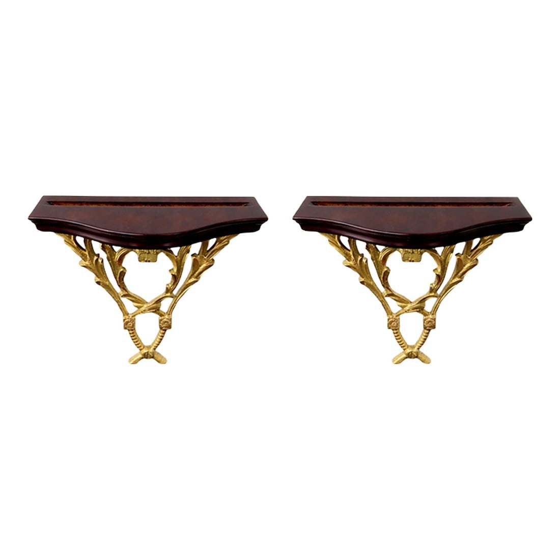 Neoclassical Giltwood Wall-Mounted Brackets With Mahogany Tops (Pair): Architectural pair of neoclassical wall-mounted console shelves featuring richly finished mahogany tops with integrated plate grooves for displaying decorative plates, platters, or framed objects. Eac