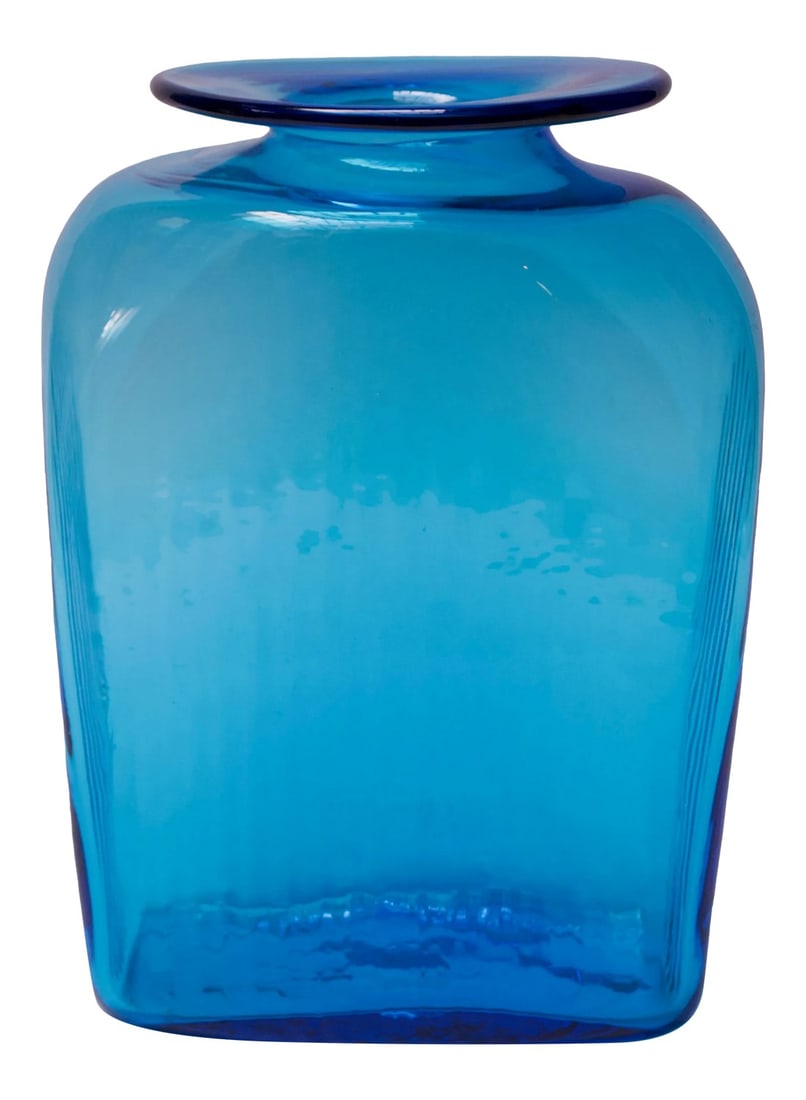 Large Blenko Blown Glass Turquoise Asymmetrical "Ribbed" Vase: Asymmetrical Blenko vase with ribbed pattern, large in scale (H: 11.25" x L: 8" x D: 4.25") in attractive turquoise palette. The design's first and only appearance was in the 1966 Blenko catalog as