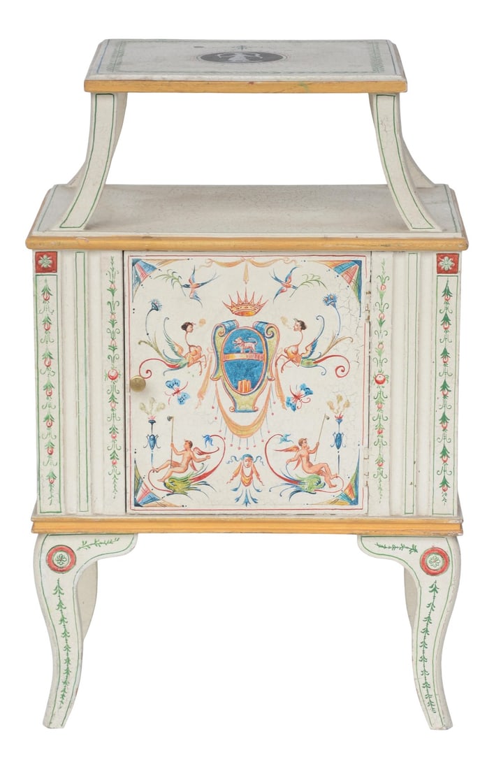 Vintage Hand-Painted British Style Pattern Side Table: Vintage Hand-Painted British Style Pattern Side Table.Wooden hand painted. sizeï¼š16" * 10.5* 24.5" Condition: Alterations: Original Condition Unaltered Imperfections: Some Imperfection