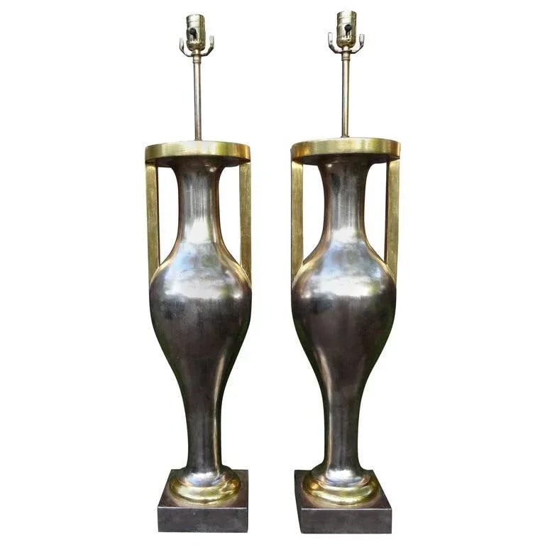 Monumental Neoclassical Style Silver and Gold Giltwood Urn Form Lamps-Pair - 13