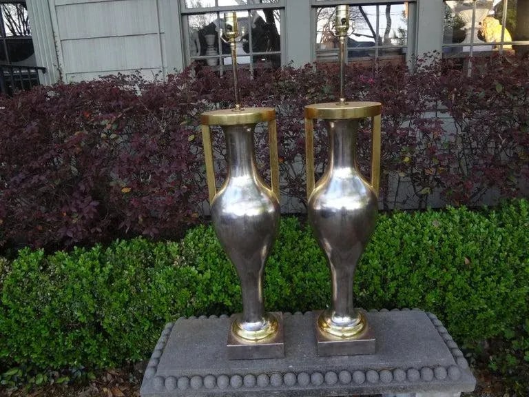 Monumental Neoclassical Style Silver and Gold Giltwood Urn Form Lamps-Pair - 6