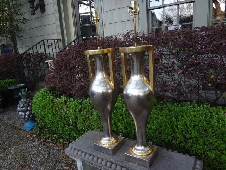 Monumental Neoclassical Style Silver and Gold Giltwood Urn Form Lamps-Pair - 7