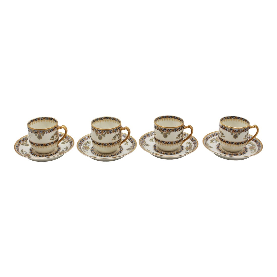Late 19th Century Set of 4 Demitasse Cups & Saucers From Limoges, France: Late 19th century set of 4 demitasse cups & saucers, Limoges, France. Made & decorated by Theodore Haviland, Limoges in the "Oriental" pattern. 2 3/8" h. overall, 4 3/8" dia. saucers Condition: