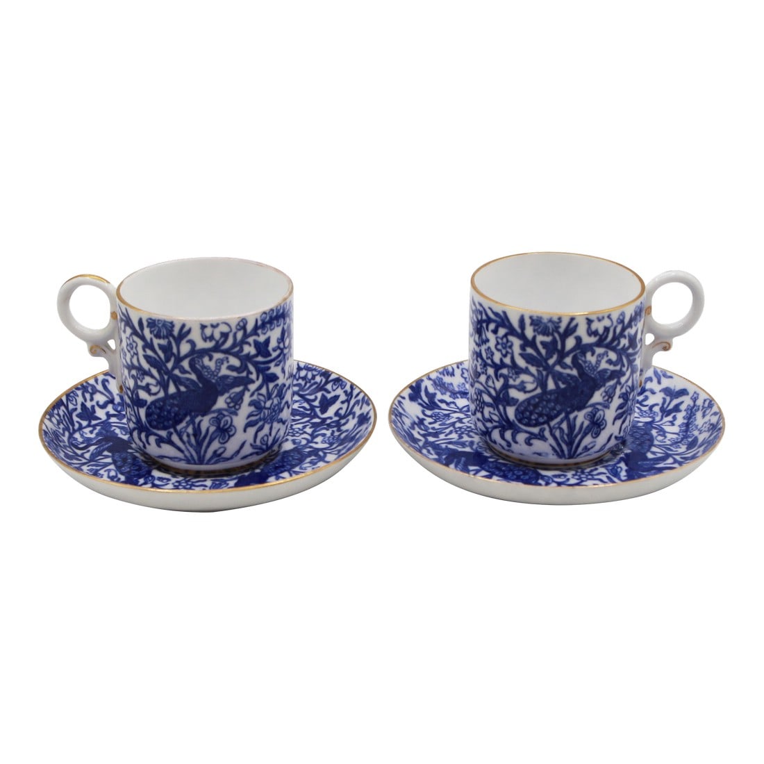 Circa 1878-1890 Pair of Demitasse Cups and Saucers by Royal Crown Derby: A pair of demitasse cups & saucer by Royal Crown Derby, 1878-1890. Peacock pattern; blue underglaze marks. 18th century coffee can form. 2 3/8" h. overall, 4.25" dia. saucers Condition: Alterations: