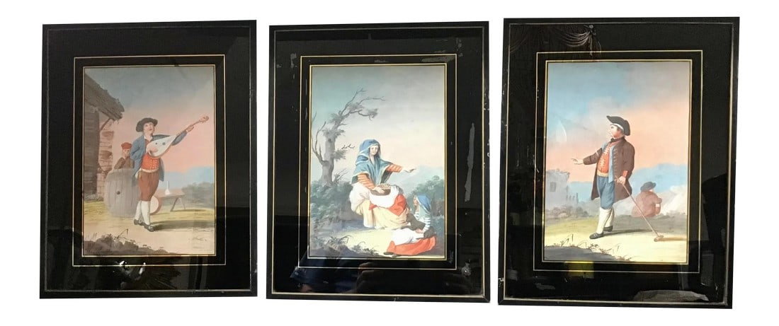 Early 19th Century Neapolitan Gouache on Paper - Set of 3: A set of three Neapolitan street scenes. Gouache on paper. Not eamined out of the frames. Apparently unsigned. Early 19th century. Possibly by Saverio della Gatta. Label on back from a prominent