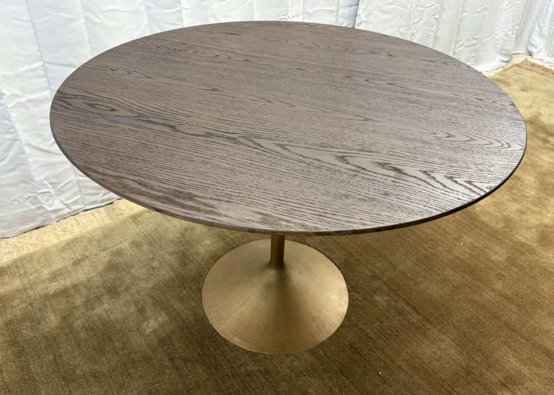 Rh Aero Bistro Table "” 42" Round Brown Oak Top | Antiqued Brass Pedestal Base - 10